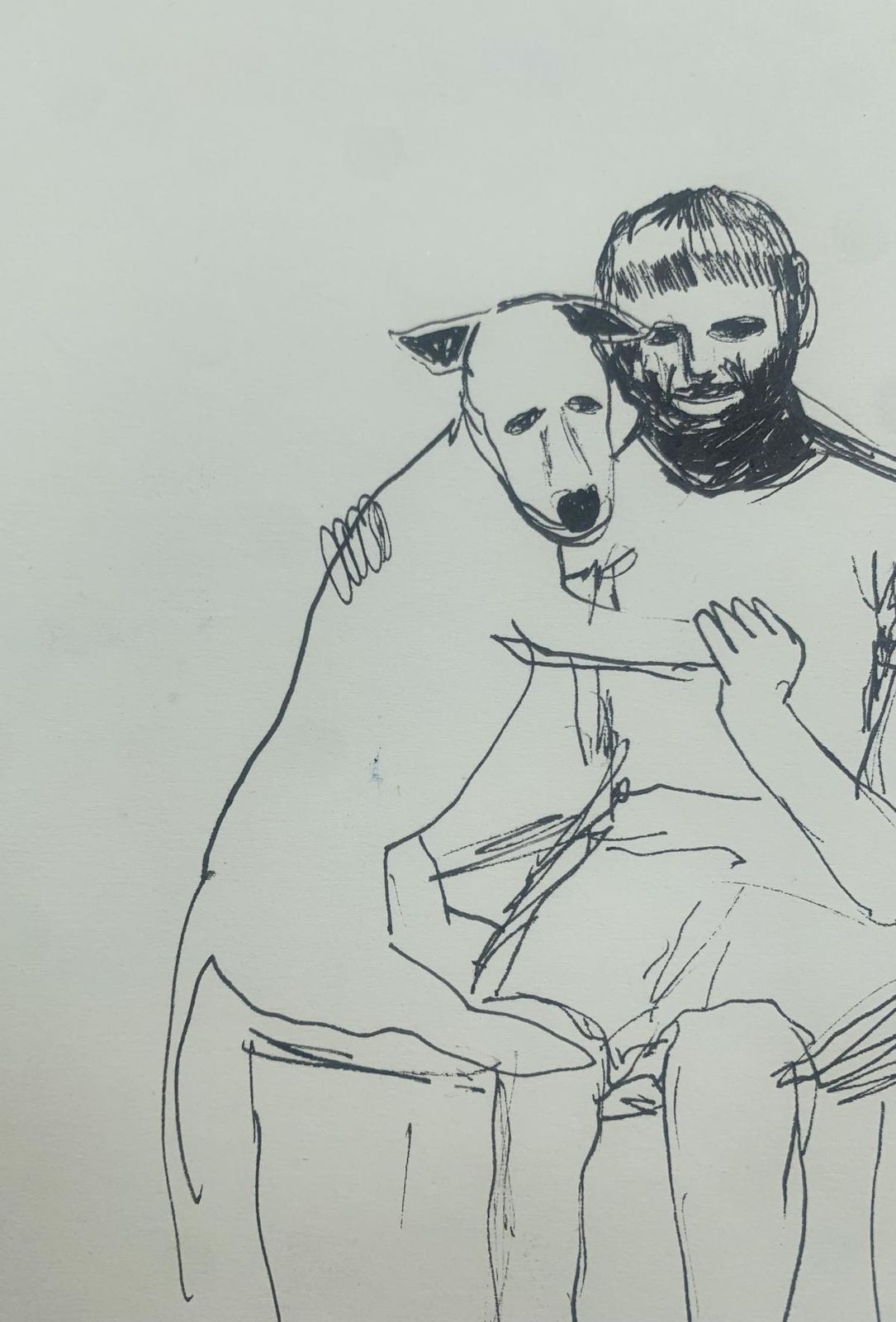 Hanna Ilczyszynboy With A Dog. Figurative Ink Drawing, Minimalistic, Polish Art2023 photo for sale