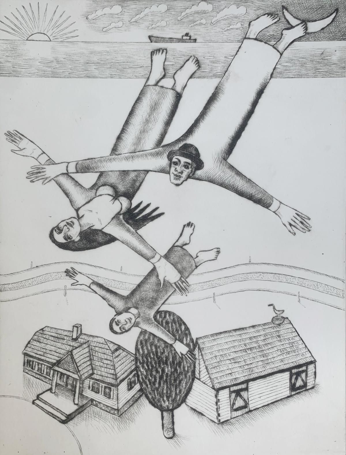 Czeslaw Tumielewiczflight Above Manor. Figurative Etching Print, Black And White, Polish Art2017
