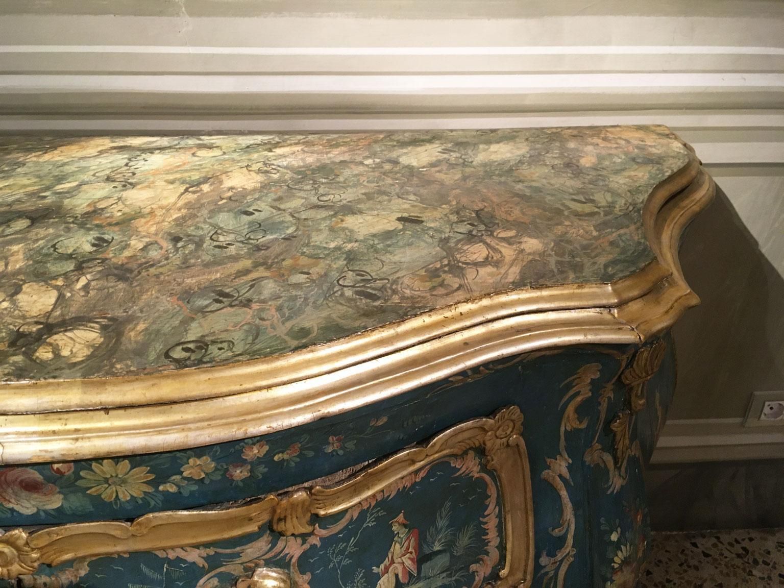 Furniture 1750 Venezia Italy Blue And Green Lacquered Wooden Engraved Commode With Flowers photo