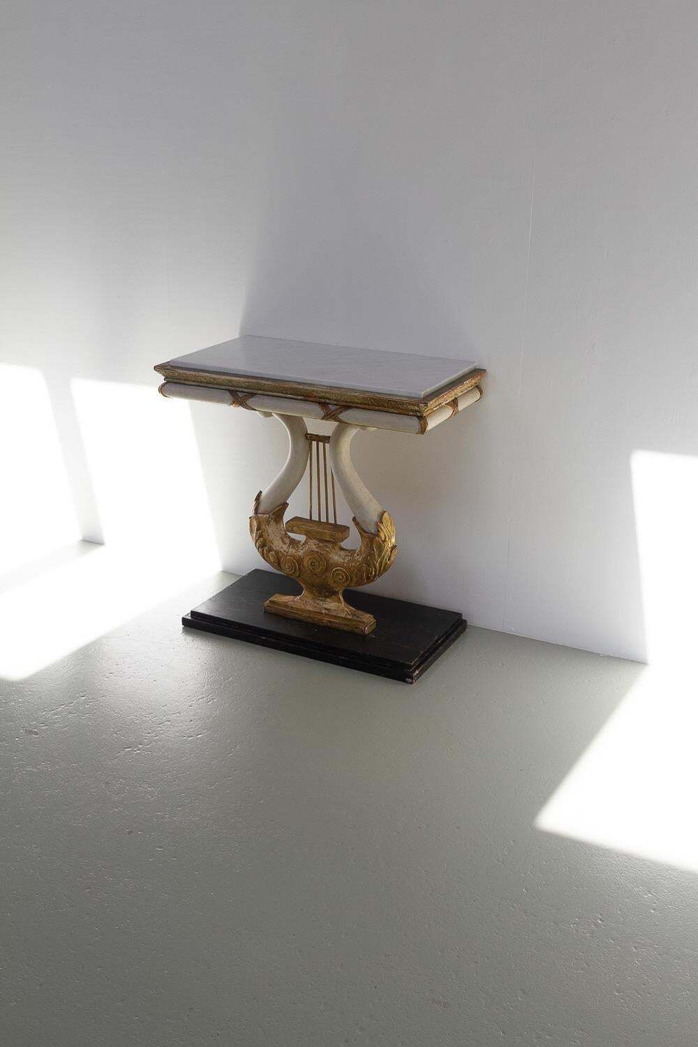 Swedish Gustavian Giltwood Console Table With Lyre And Marble Top, 1800s. photo furniture