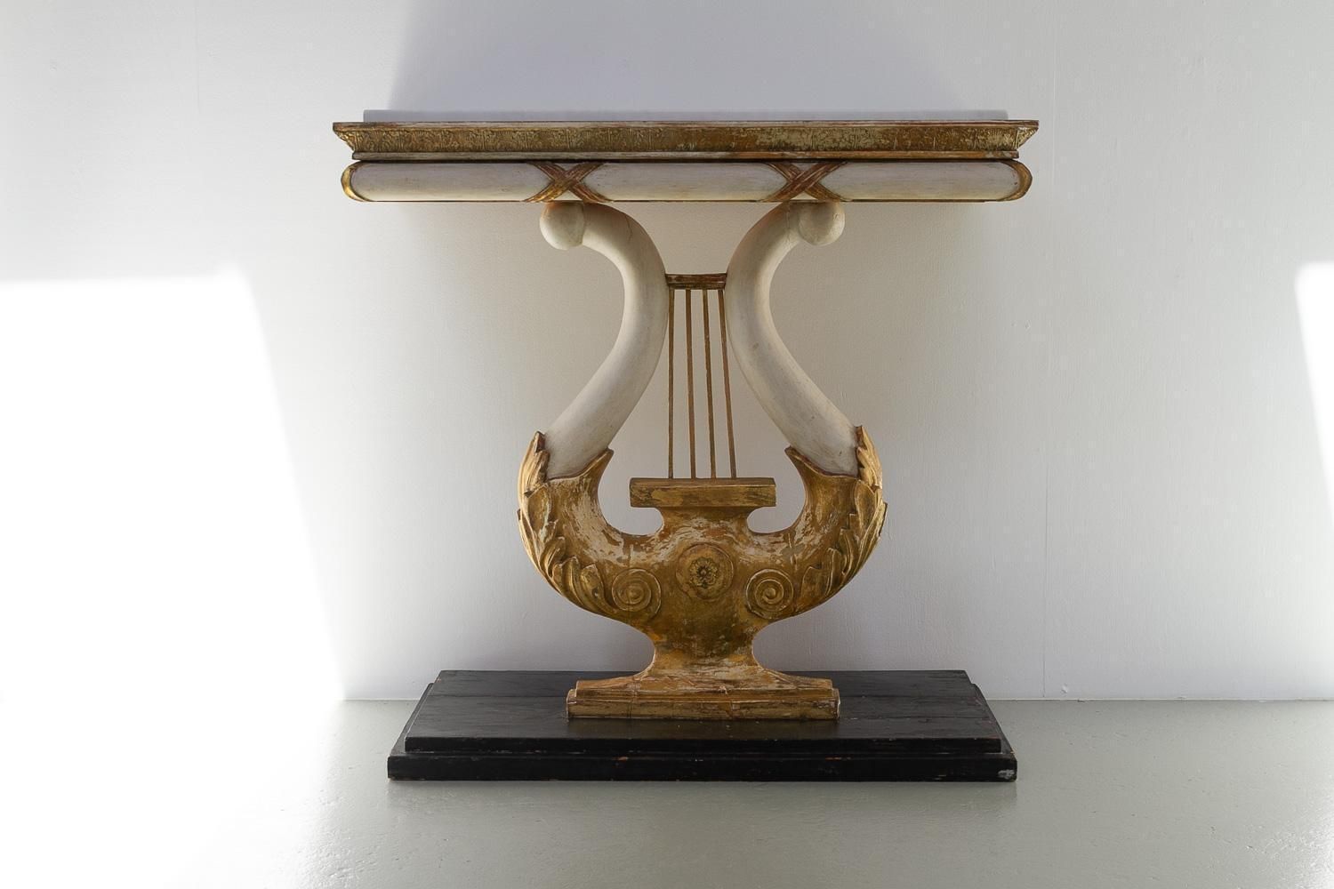 Swedish Gustavian Giltwood Console Table With Lyre And Marble Top, 1800s. photo for sale