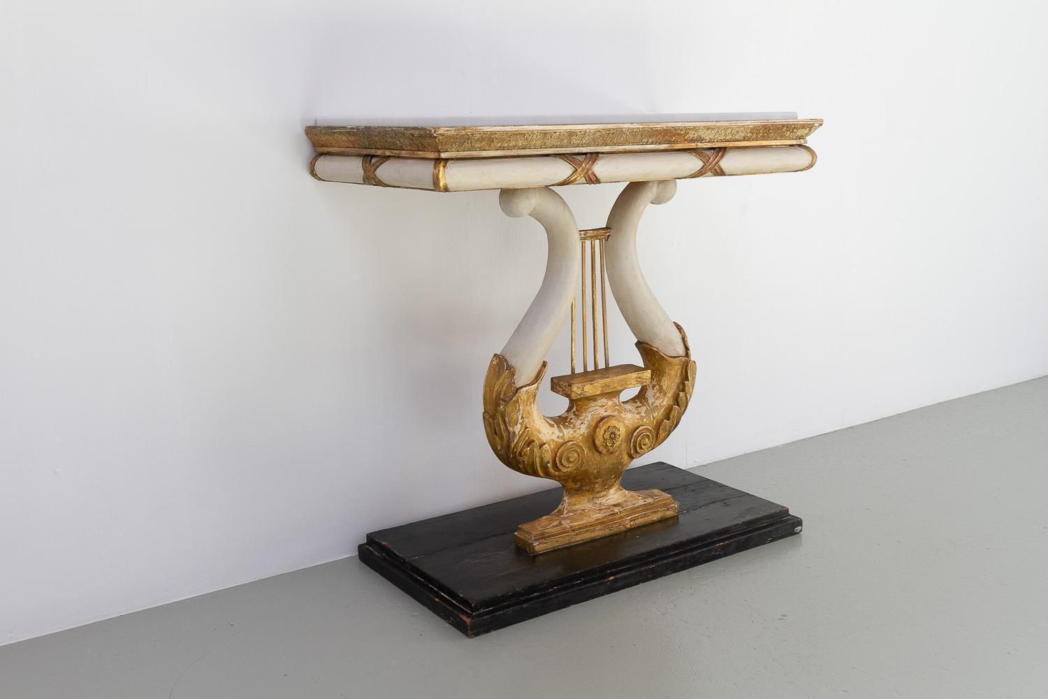 Swedish Gustavian Giltwood Console Table With Lyre And Marble Top, 1800s. photo 5061.0