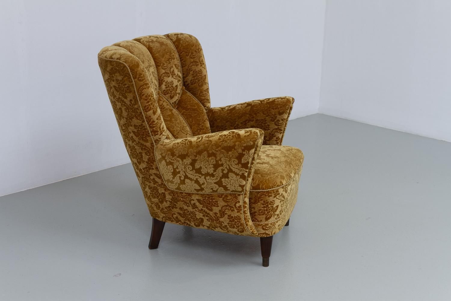 Danish Art Deco Lounge Chair In Golden Yellow Velvet, 1940s. photo for sale