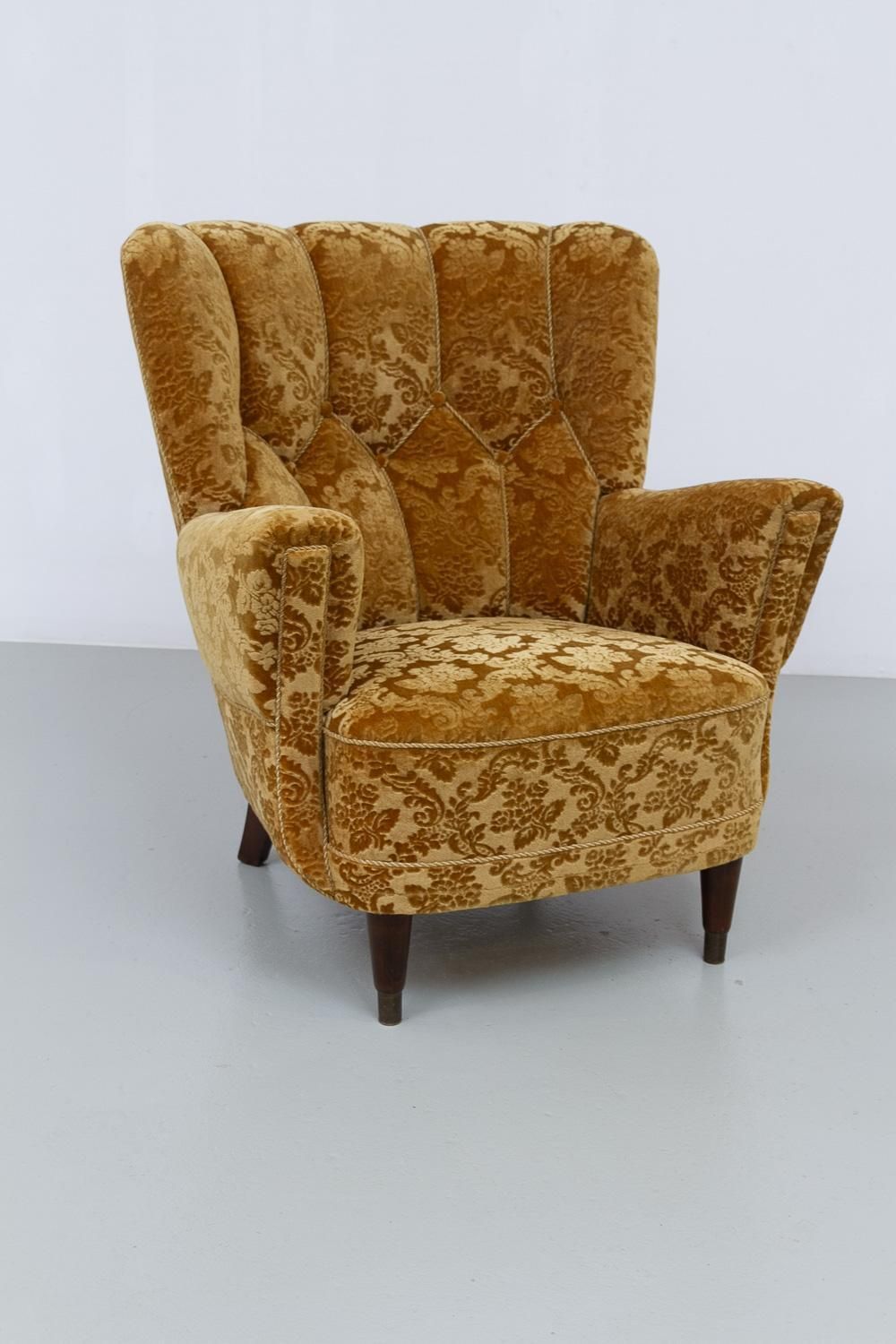 photo buy Danish Art Deco Lounge Chair In Golden Yellow Velvet, 1940s.
