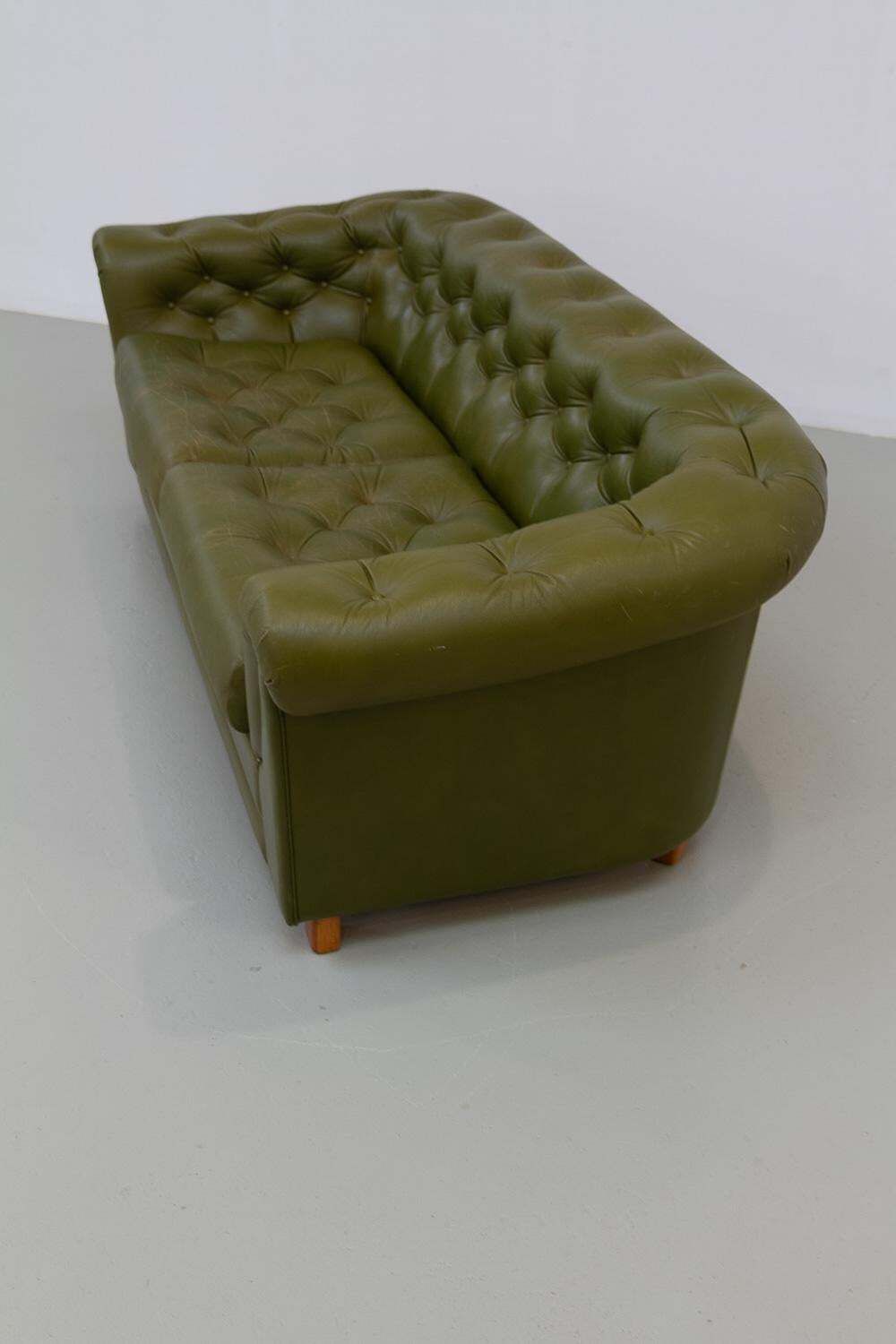 Vintage Swedish Green Leather Chesterfield Sofa, 1970s. photo vintage