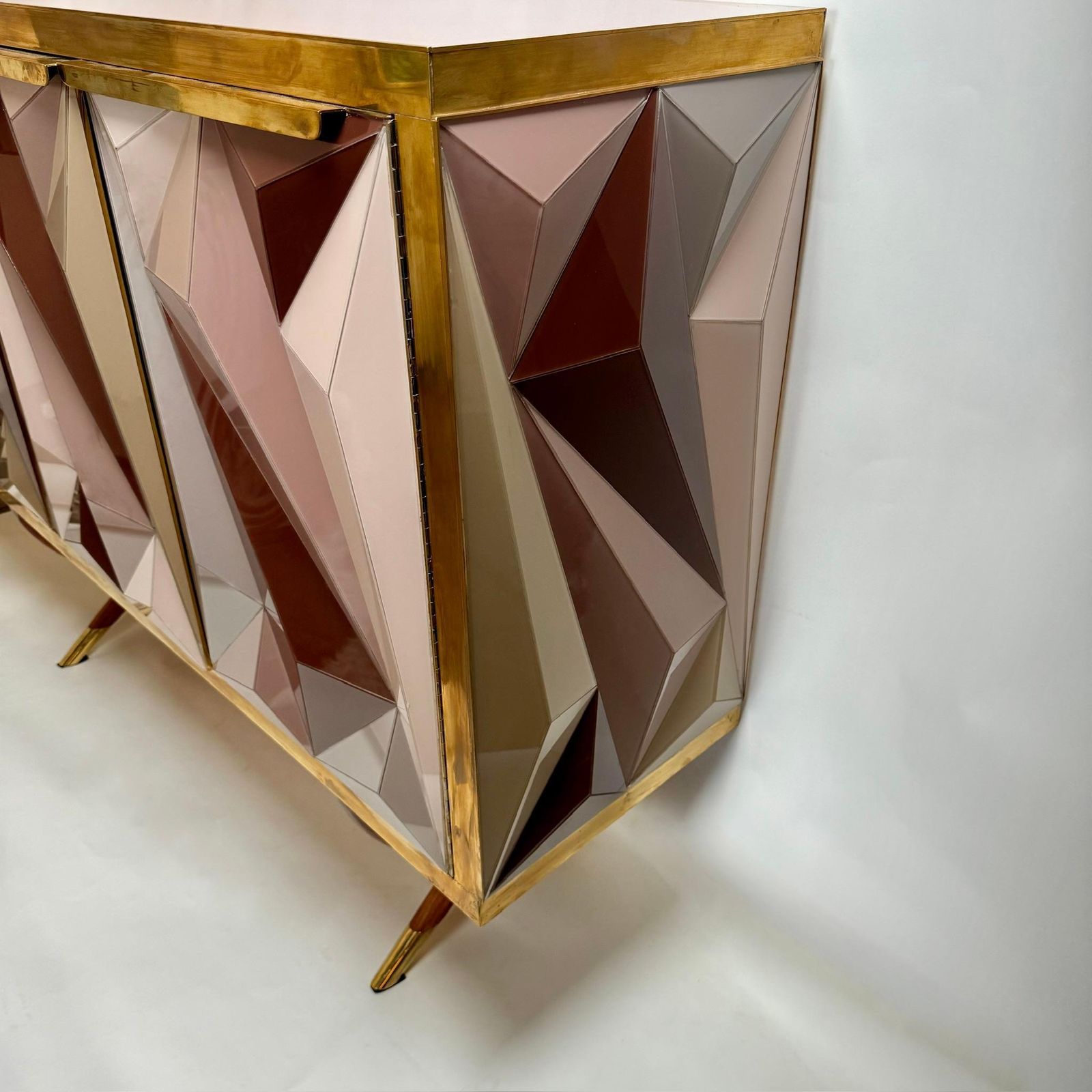 Mid Century Modern Cherry Wood Brass & Three Dimensional Opaline Glass Cabinet photo vinterior