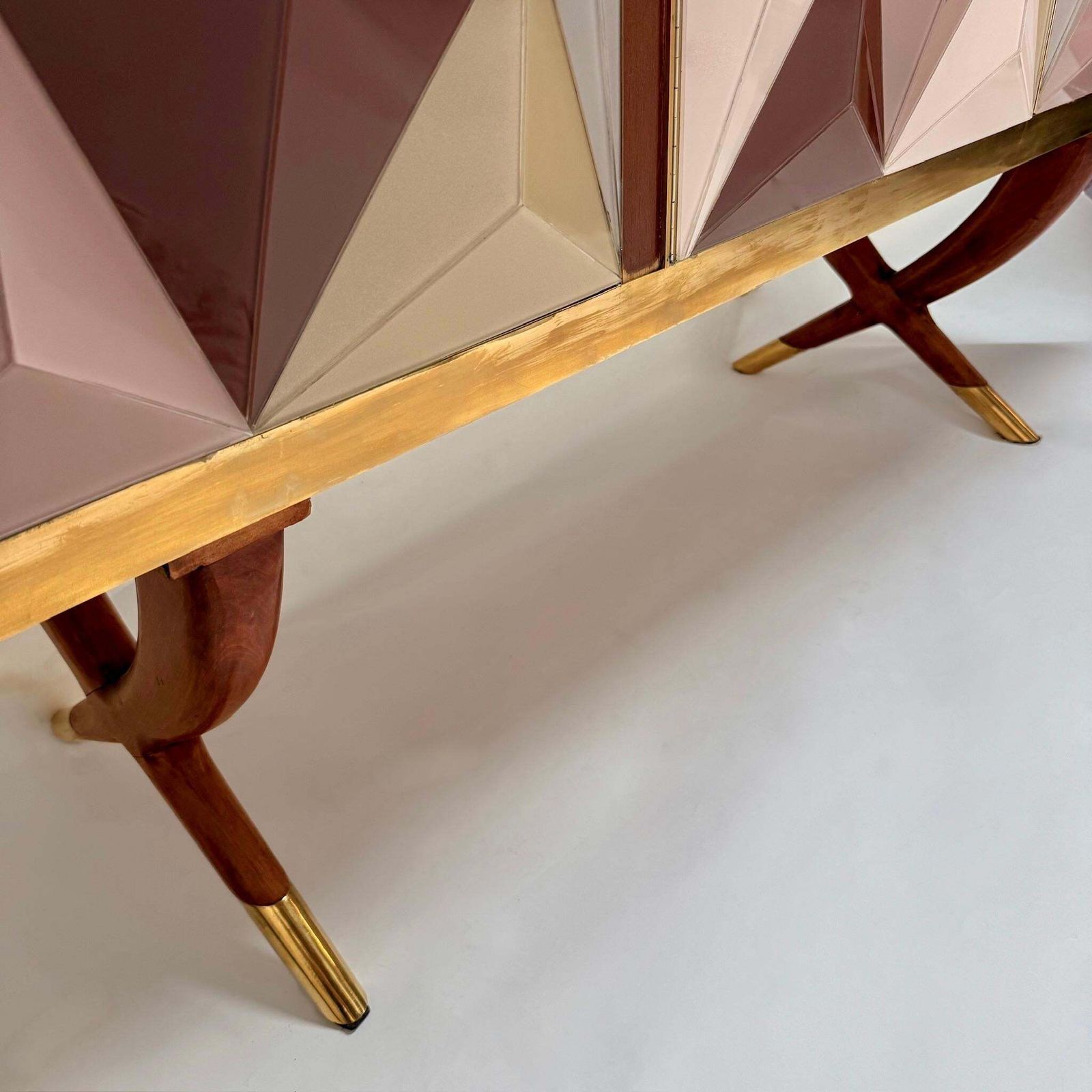 Mid Century Modern Cherry Wood Brass & Three Dimensional Opaline Glass Cabinet photo vintage