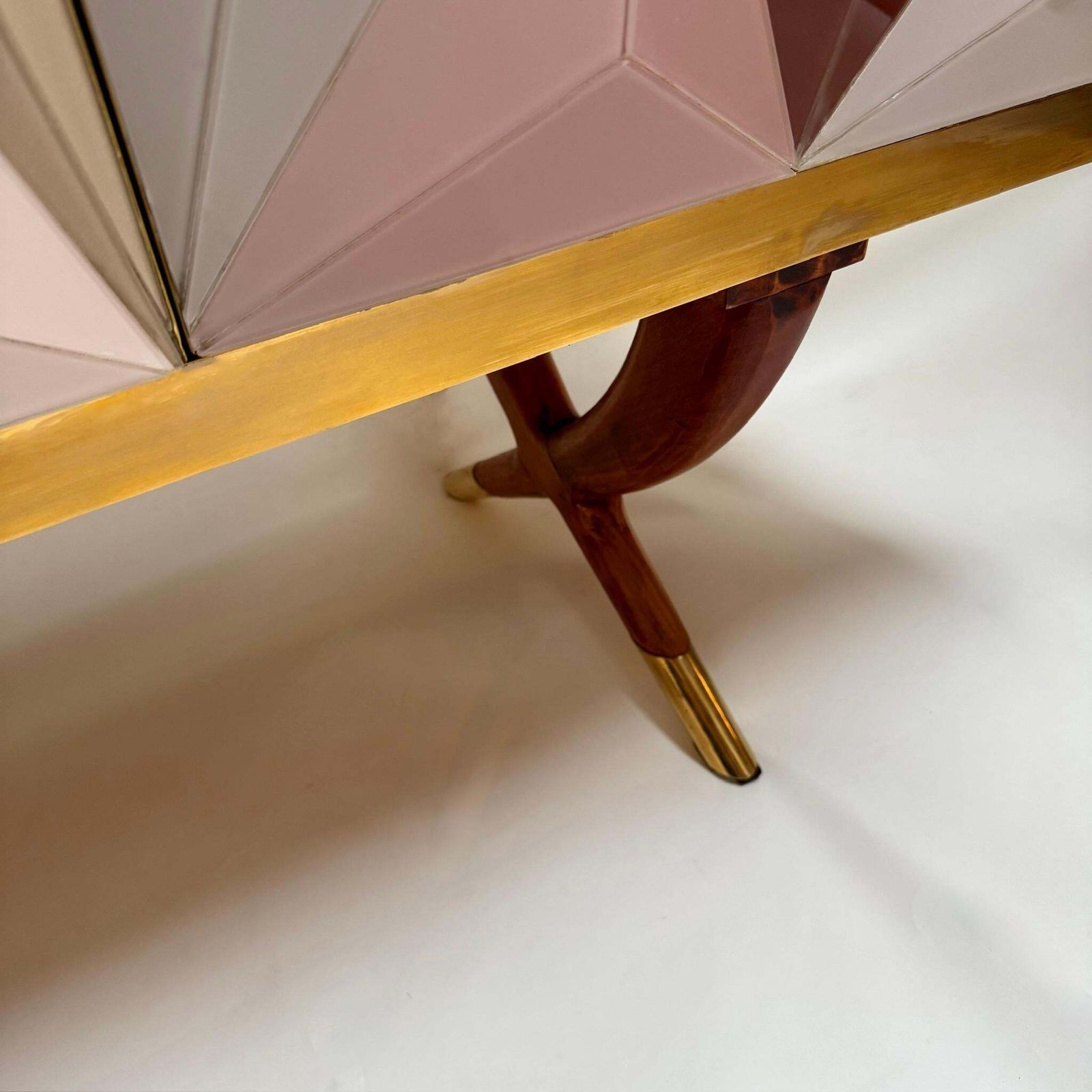 Furniture Mid Century Modern Cherry Wood Brass & Three Dimensional Opaline Glass Cabinet photo