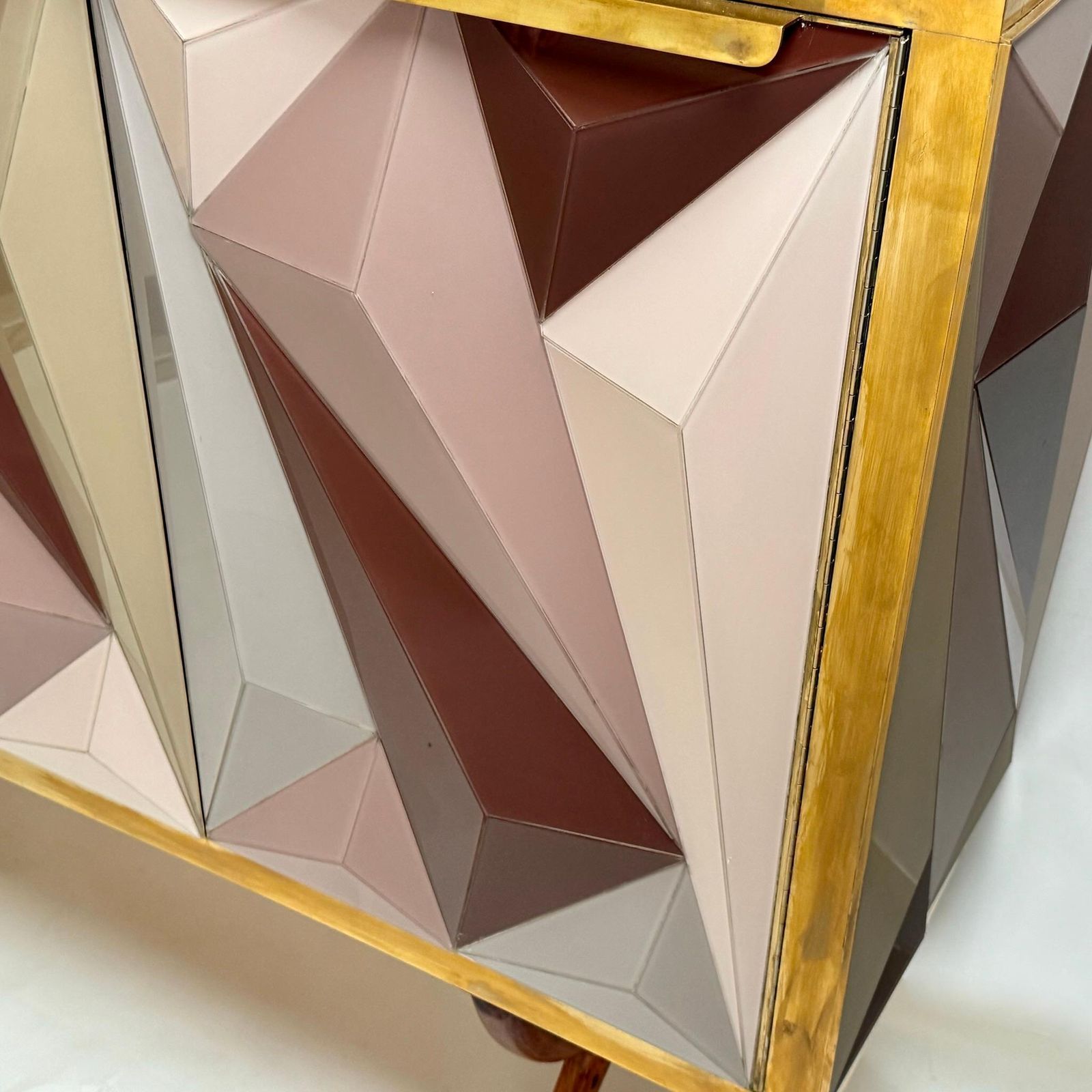 photo vinterior Mid Century Modern Cherry Wood Brass & Three Dimensional Opaline Glass Cabinet
