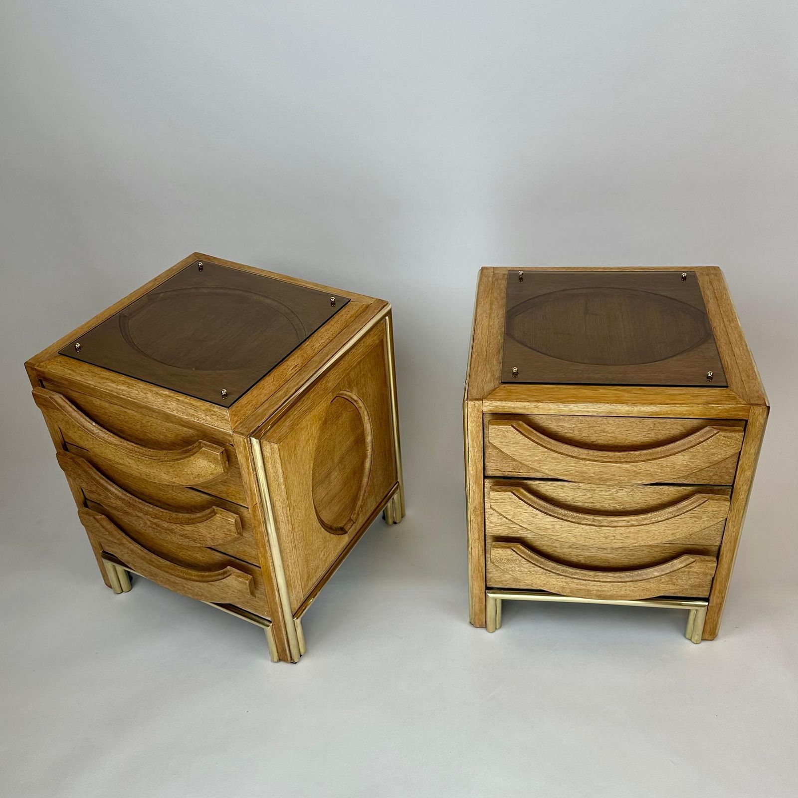 Late 20th Century Pair Of Italian Wood, Brass & Light Brown Glass Night Stands photo furniture