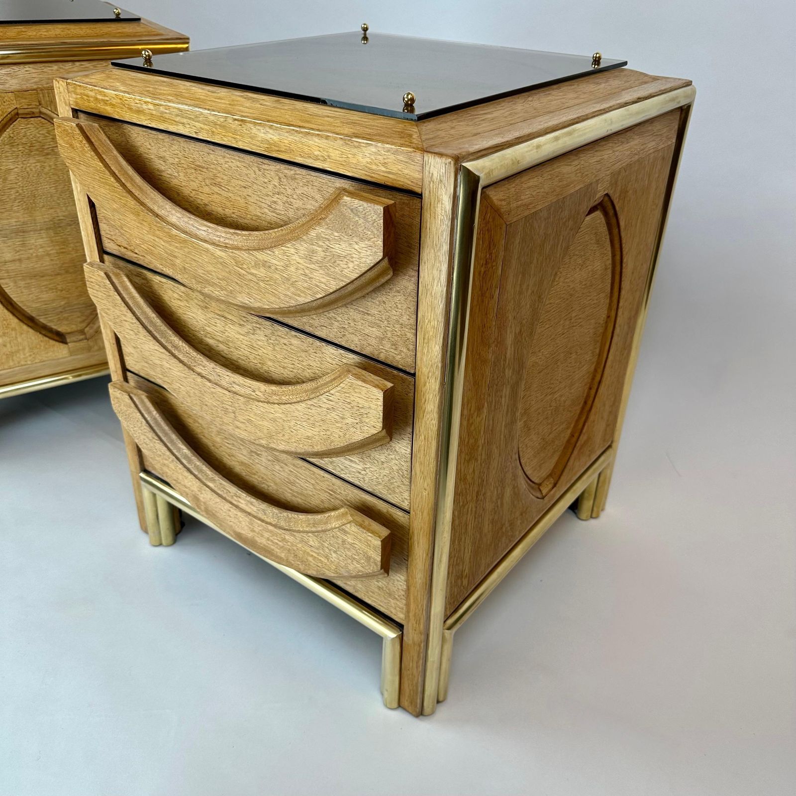 Late 20th Century Pair Of Italian Wood, Brass & Light Brown Glass Night Stands photo vintage