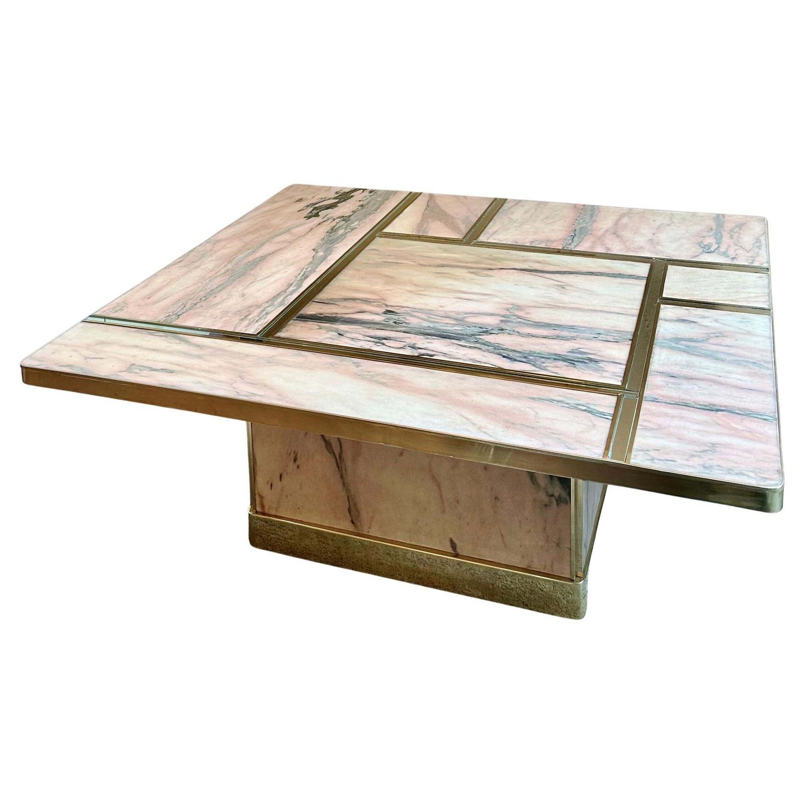 Late 20th Century Italian Square Brass W/ Mirror & Pink Onyx Top Coffee Table