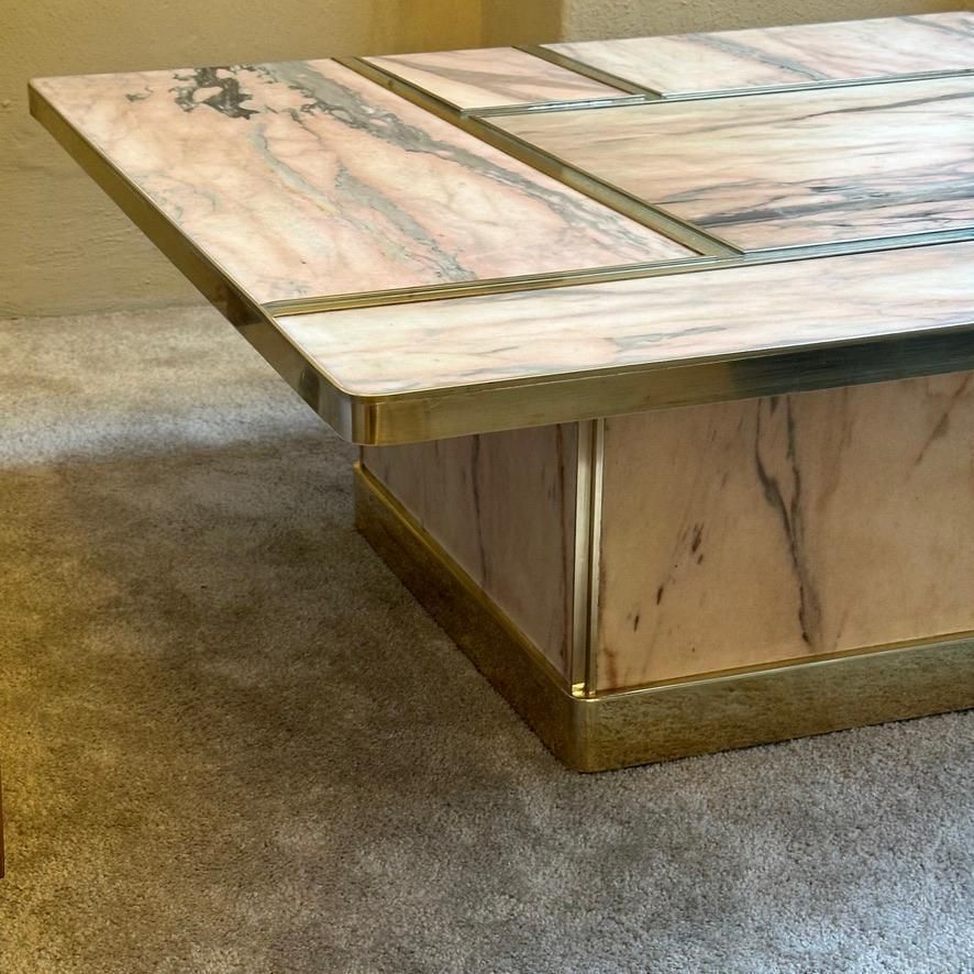 Late 20th Century Italian Square Brass W/ Mirror & Pink Onyx Top Coffee Table photo for sale