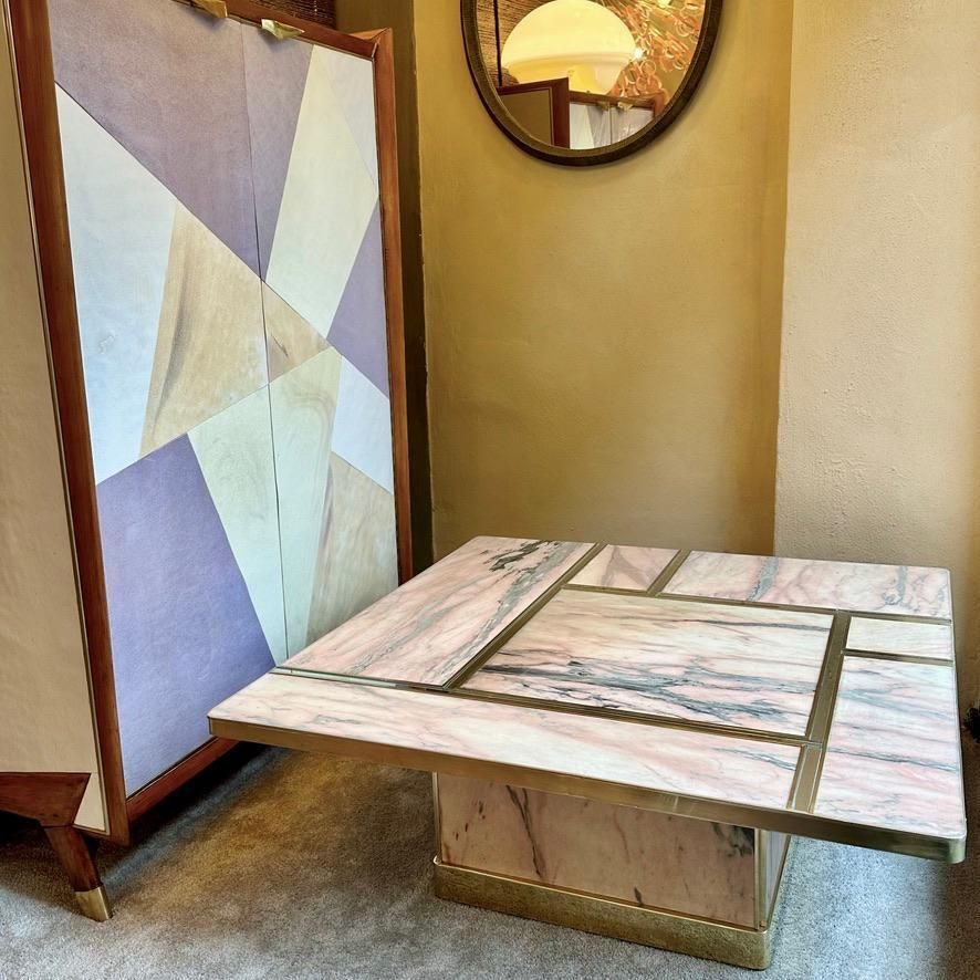 Late 20th Century Italian Square Brass W/ Mirror & Pink Onyx Top Coffee Table photo vintage