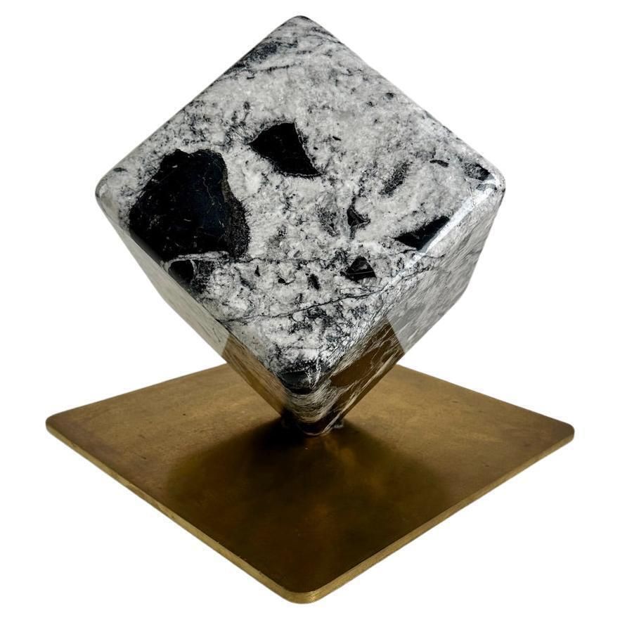 Late 20th Century Italian Black & White Rotating Marble Cube With Brass Basement