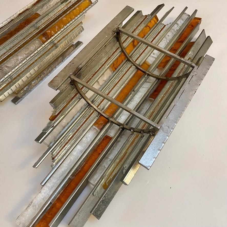 Late 20th Century Pair Of Brutalist Iron & Glass Sconces By A. Poli For Poliarte photo Lighting