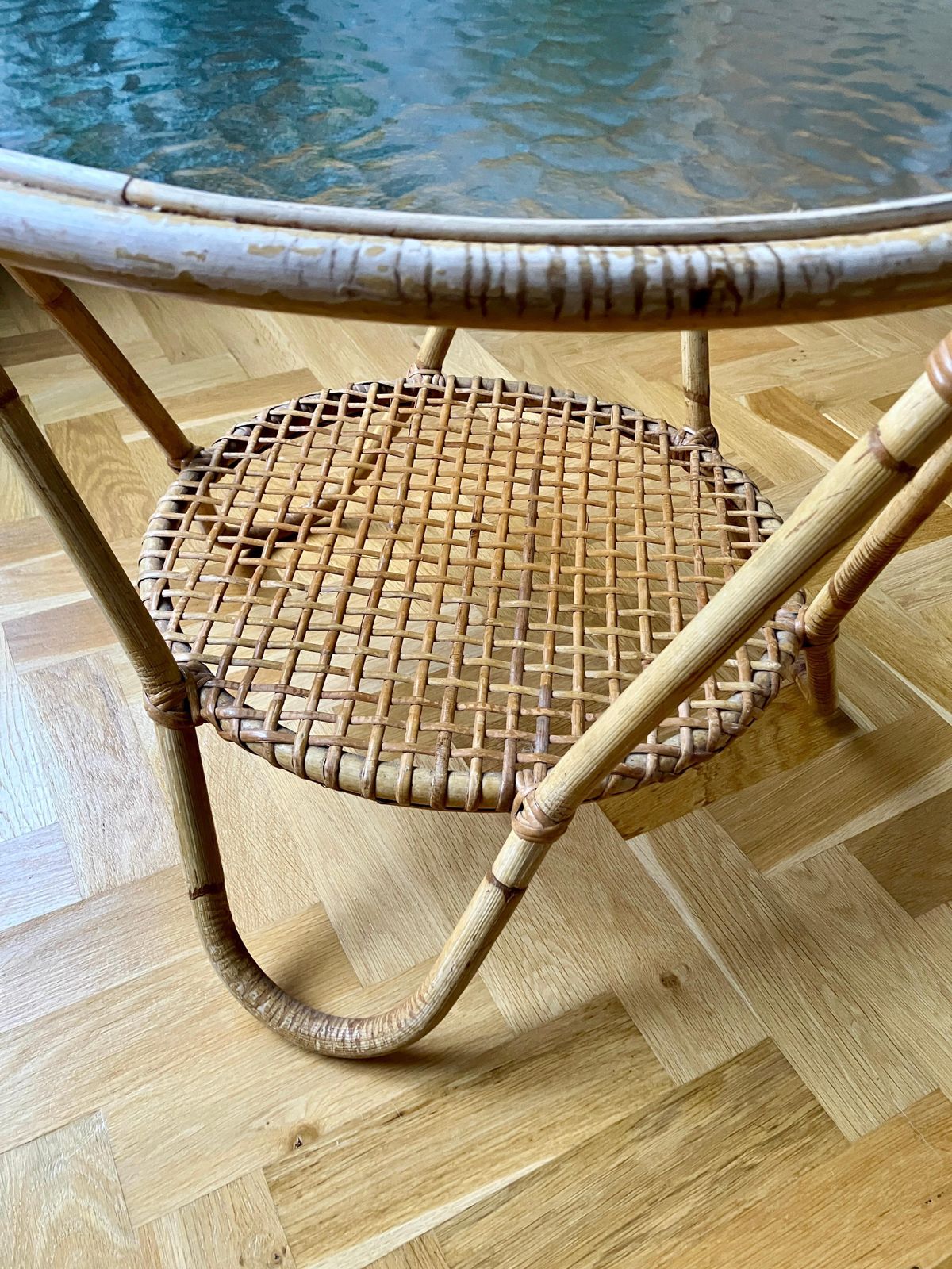 50's Vintage Round Bamboo Rattan Glass Coffee Table photo vinterior