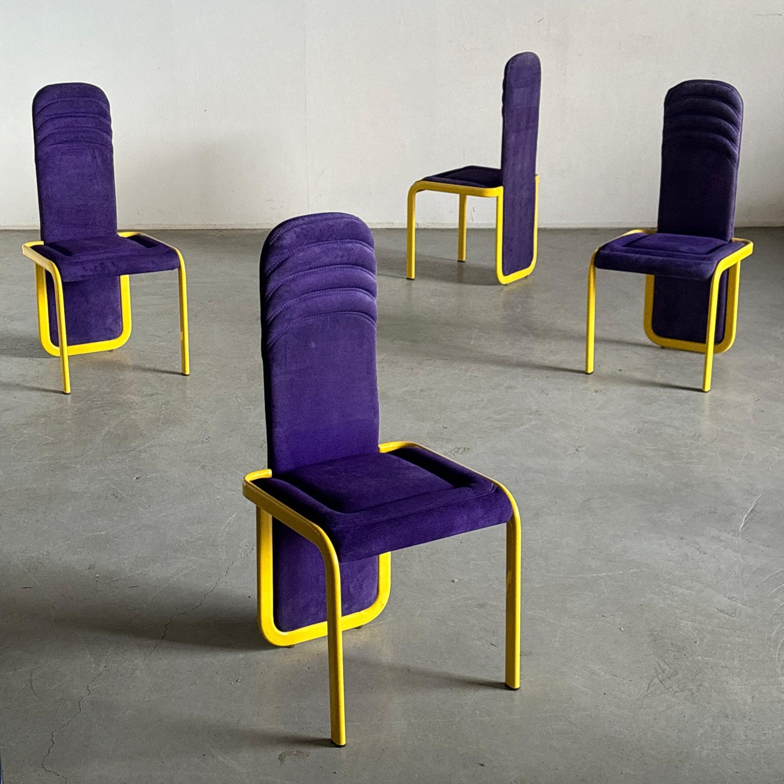 Set Of 4 Memphis Style Postmodern Dining Chairs In Purple And Yellow photo furniture