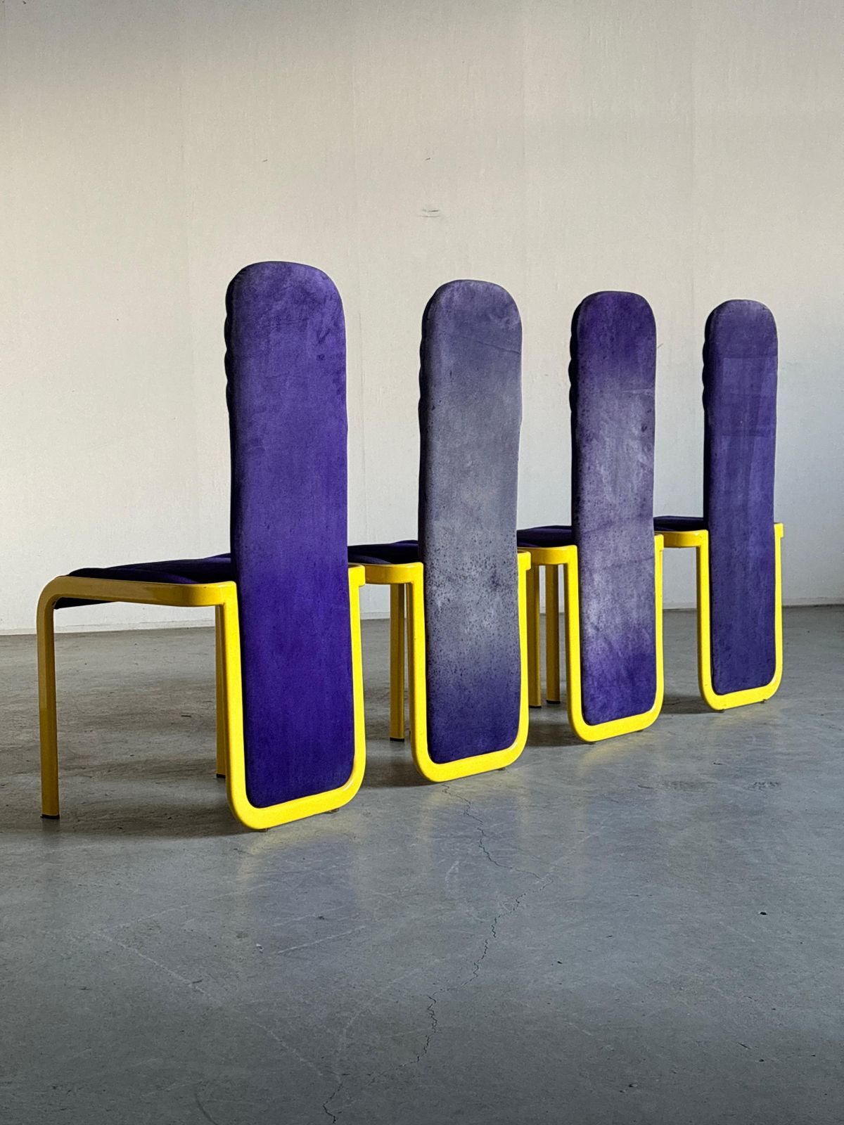 Set Of 4 Memphis Style Postmodern Dining Chairs In Purple And Yellow photo 1072.0