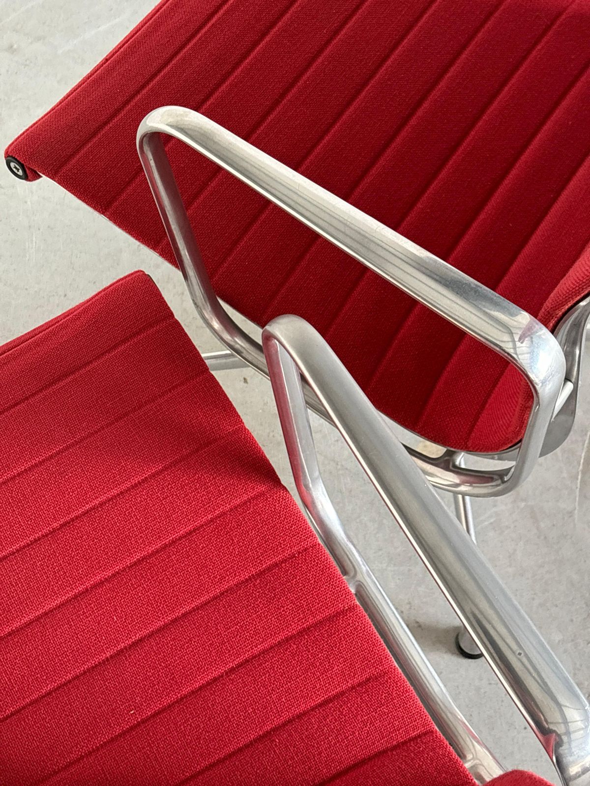 1 Of 2 Vintage Iconic Eames 'Ea107’ Desk Chairs By Vitra, Red Fabric, 1990s photo vintage