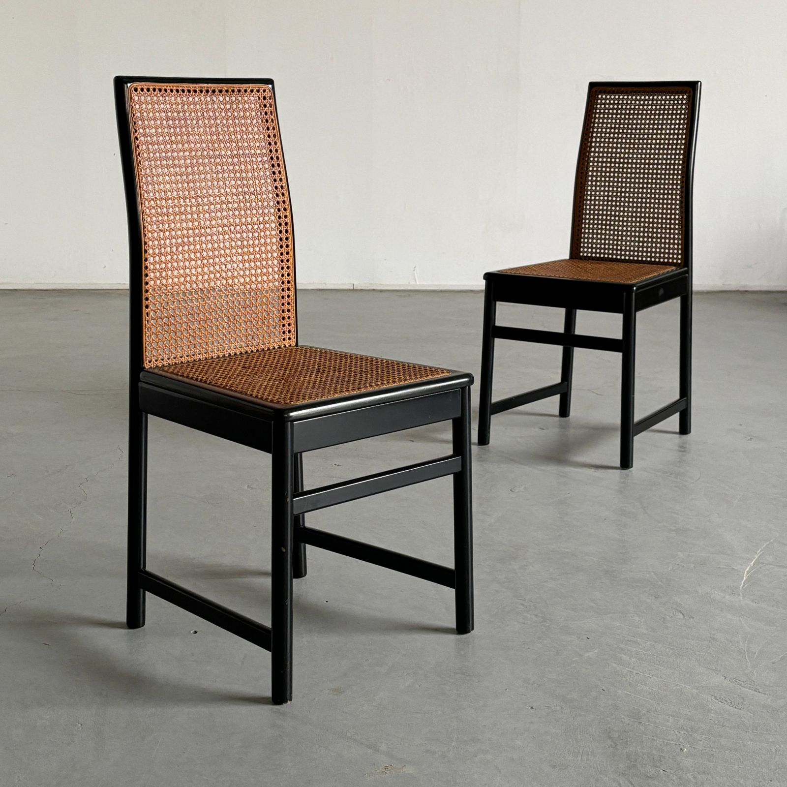 Pair Of Vintage Mid Century Dining Chairs In Black Lacquered Wood & Cane, Italy photo furniture