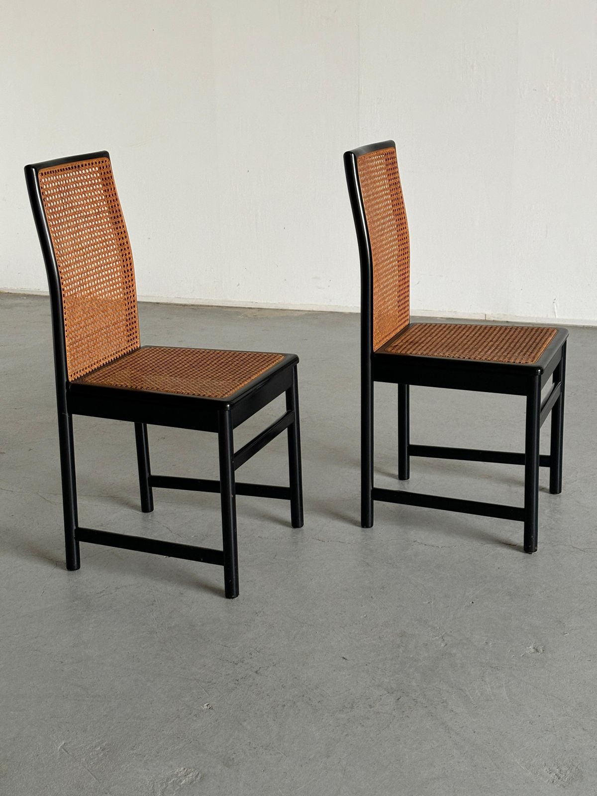 Pair Of Vintage Mid Century Dining Chairs In Black Lacquered Wood & Cane, Italy photo 515.0