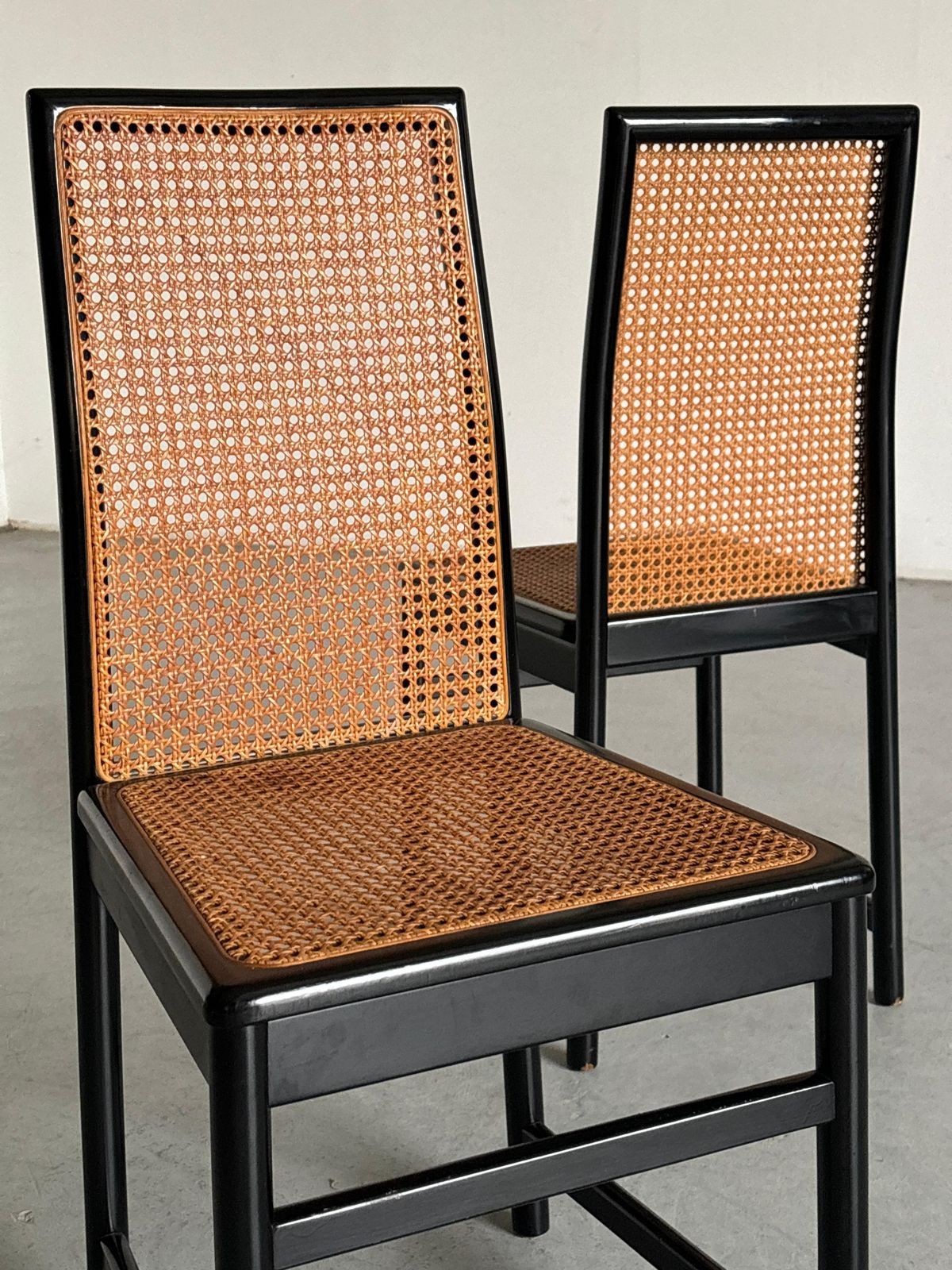 Pair Of Vintage Mid Century Dining Chairs In Black Lacquered Wood & Cane, Italy photo buy