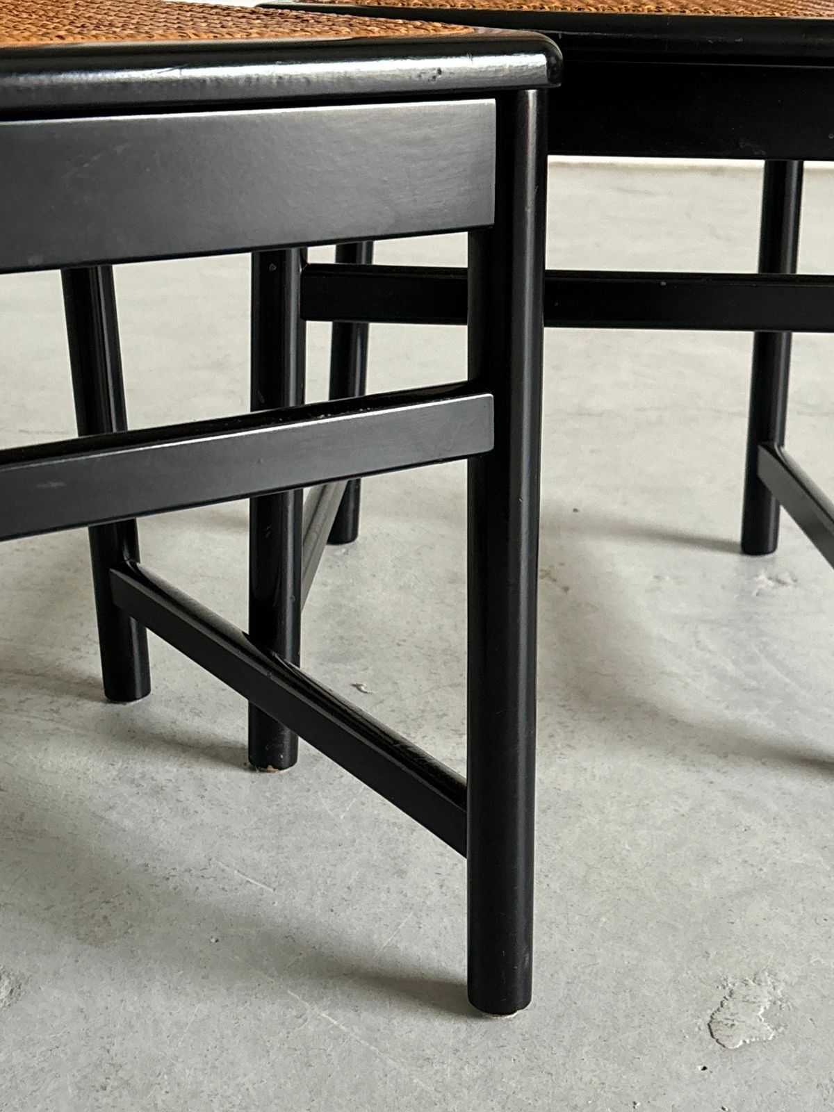 Pair Of Vintage Mid Century Dining Chairs In Black Lacquered Wood & Cane, Italy photo vintage