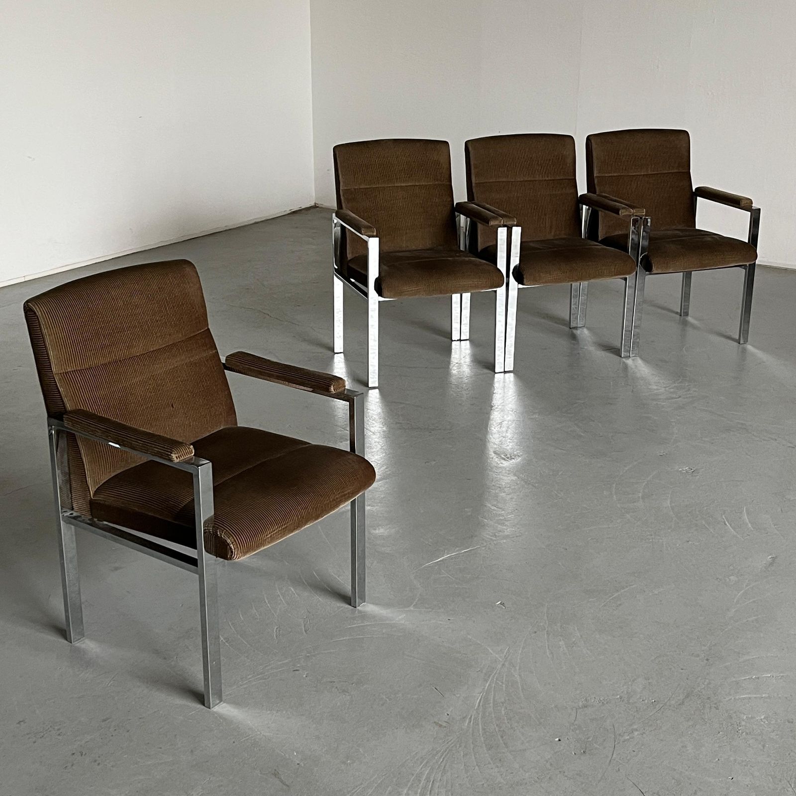 Mid Century Chrome Tubular Steel And Corduroy Upholstery Armchairs, 70s Germany photo furniture