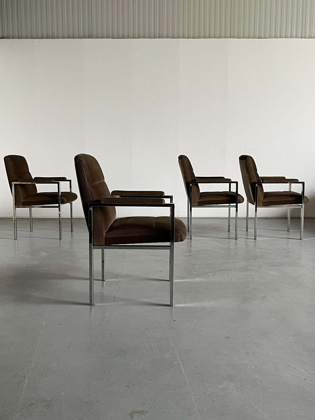 Mid Century Chrome Tubular Steel And Corduroy Upholstery Armchairs, 70s Germany photo vinterior