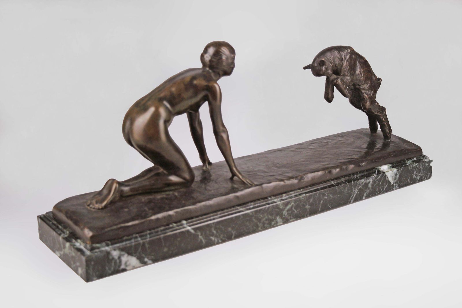 Art Déco Patinated Bronze Sculpture Of A Girl And A Jumping Goat With Marble Base By Paul Silvestre For Susse Frères photo for sale