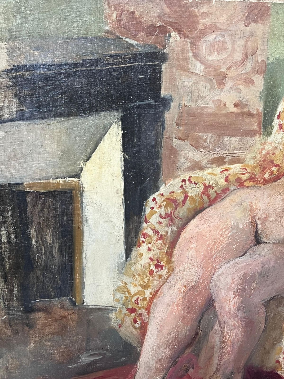 1920's French Post Impressionist Oil Painting Nude Woman In Pink Interior Room photo vinterior