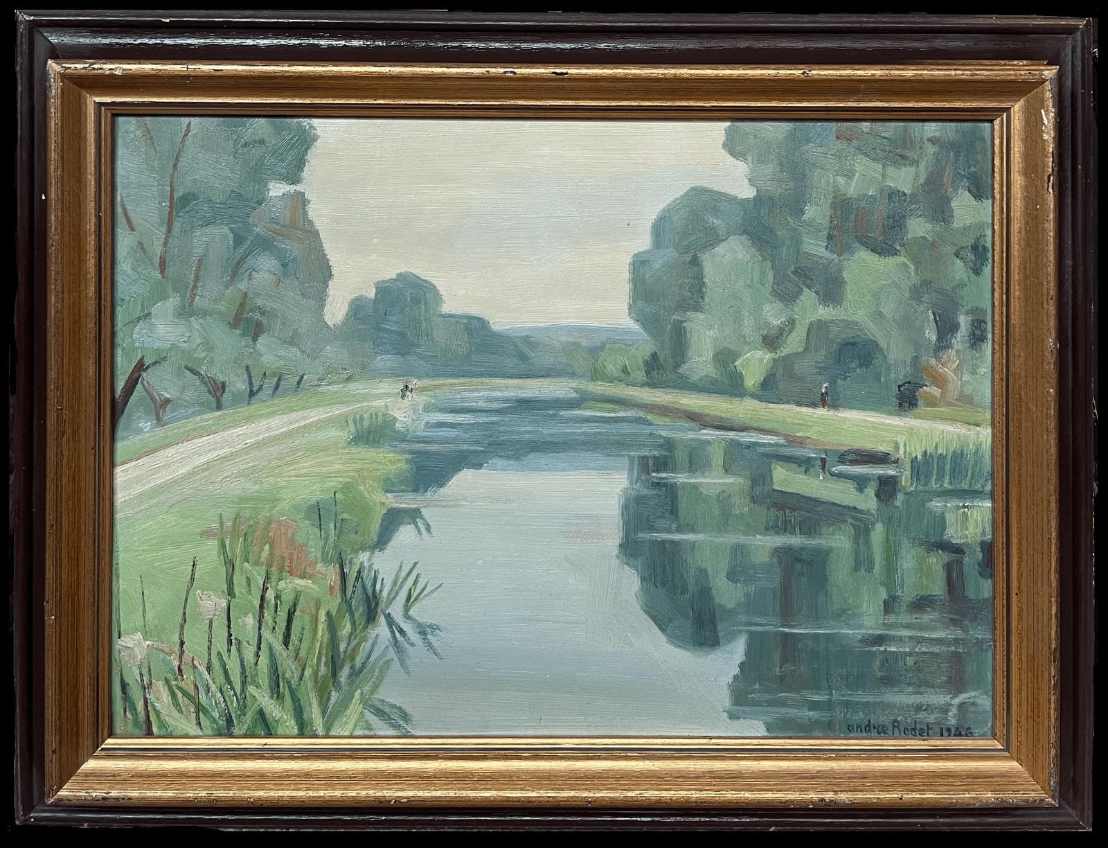 French School1940's French Modernist Signed Oil Painting Sludgy Green Moody River Landscape1946
