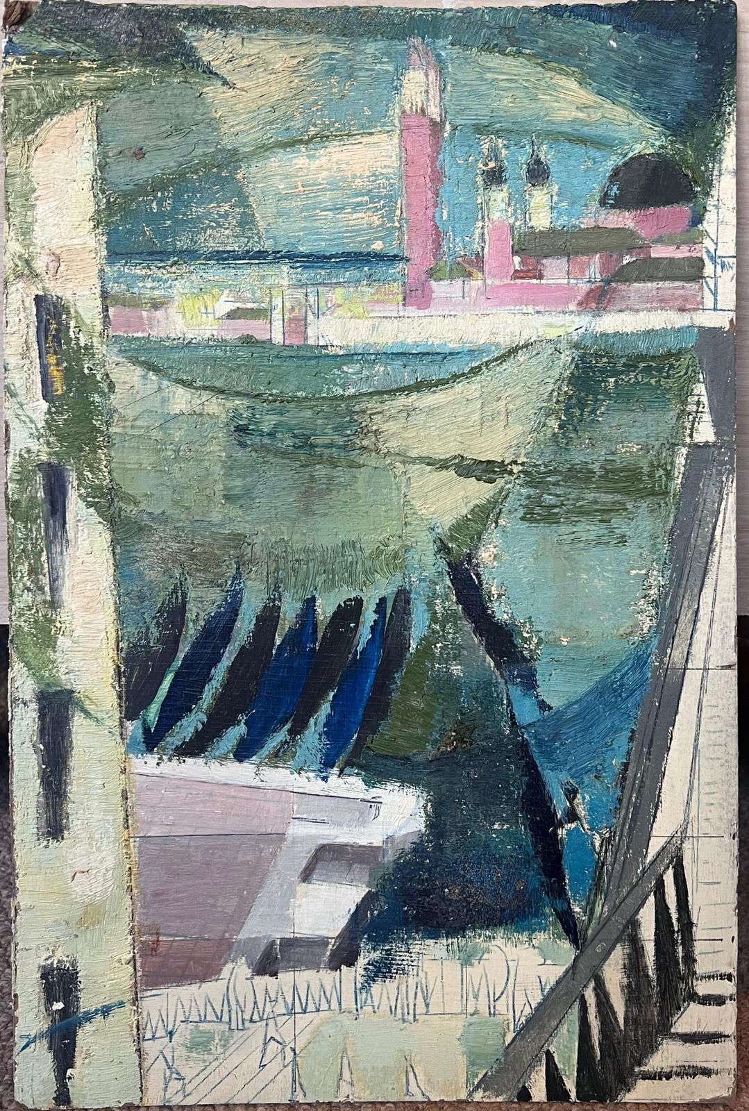 French Modernistmid 20th Century French Oil Painting Grand Canal Venice Muted Soft Colors photo furniture