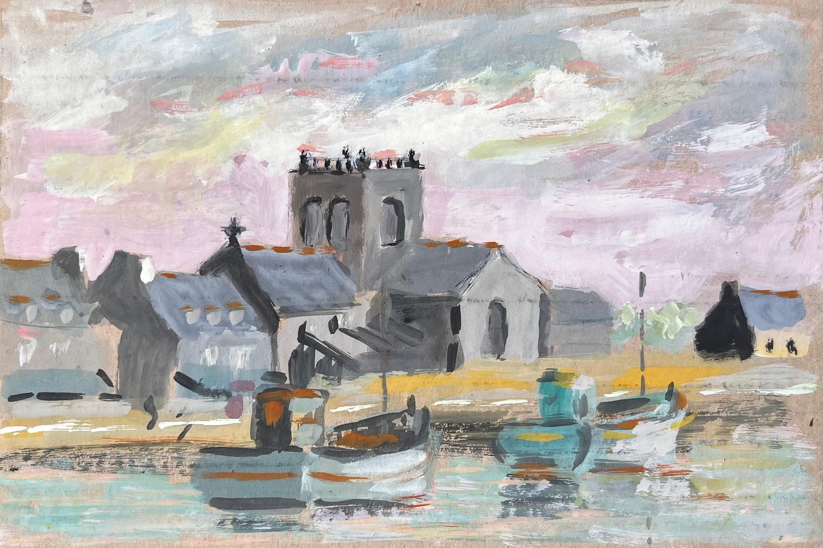 Fanch Lelfrench Harbour Scene With Church Boats And Village Skyline In Gouache