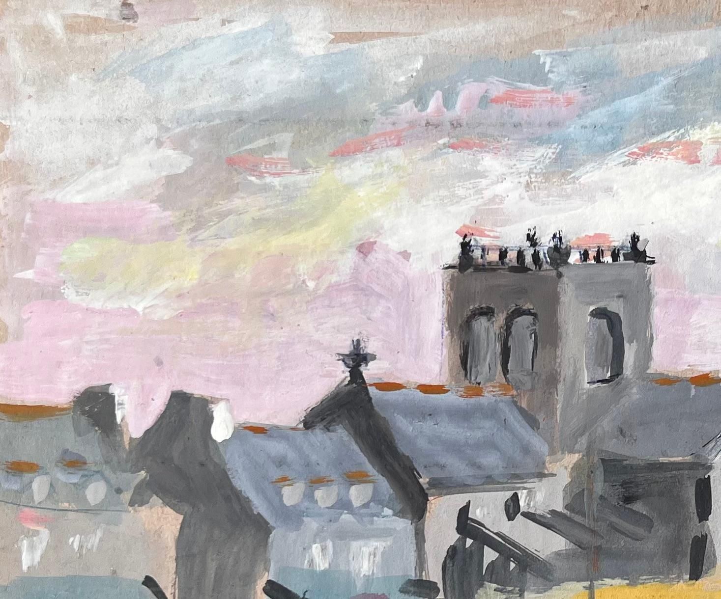 Fanch Lelfrench Harbour Scene With Church Boats And Village Skyline In Gouache photo for sale