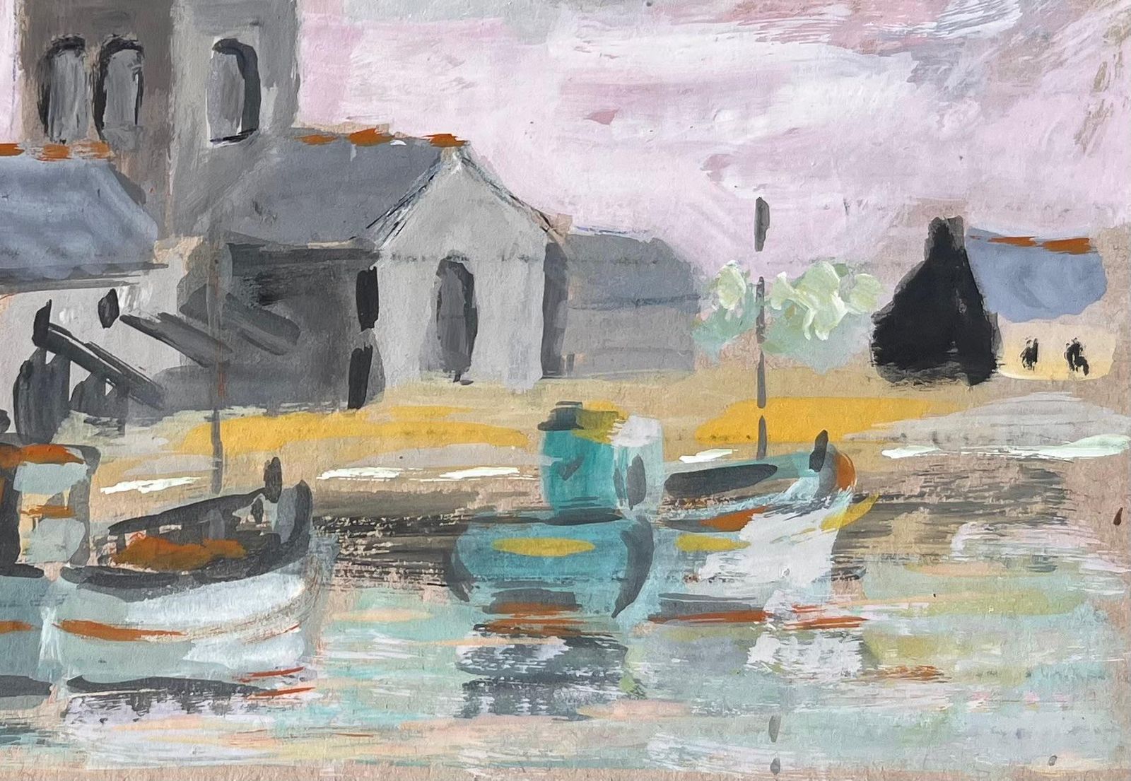 Fanch Lelfrench Harbour Scene With Church Boats And Village Skyline In Gouache photo 474.0