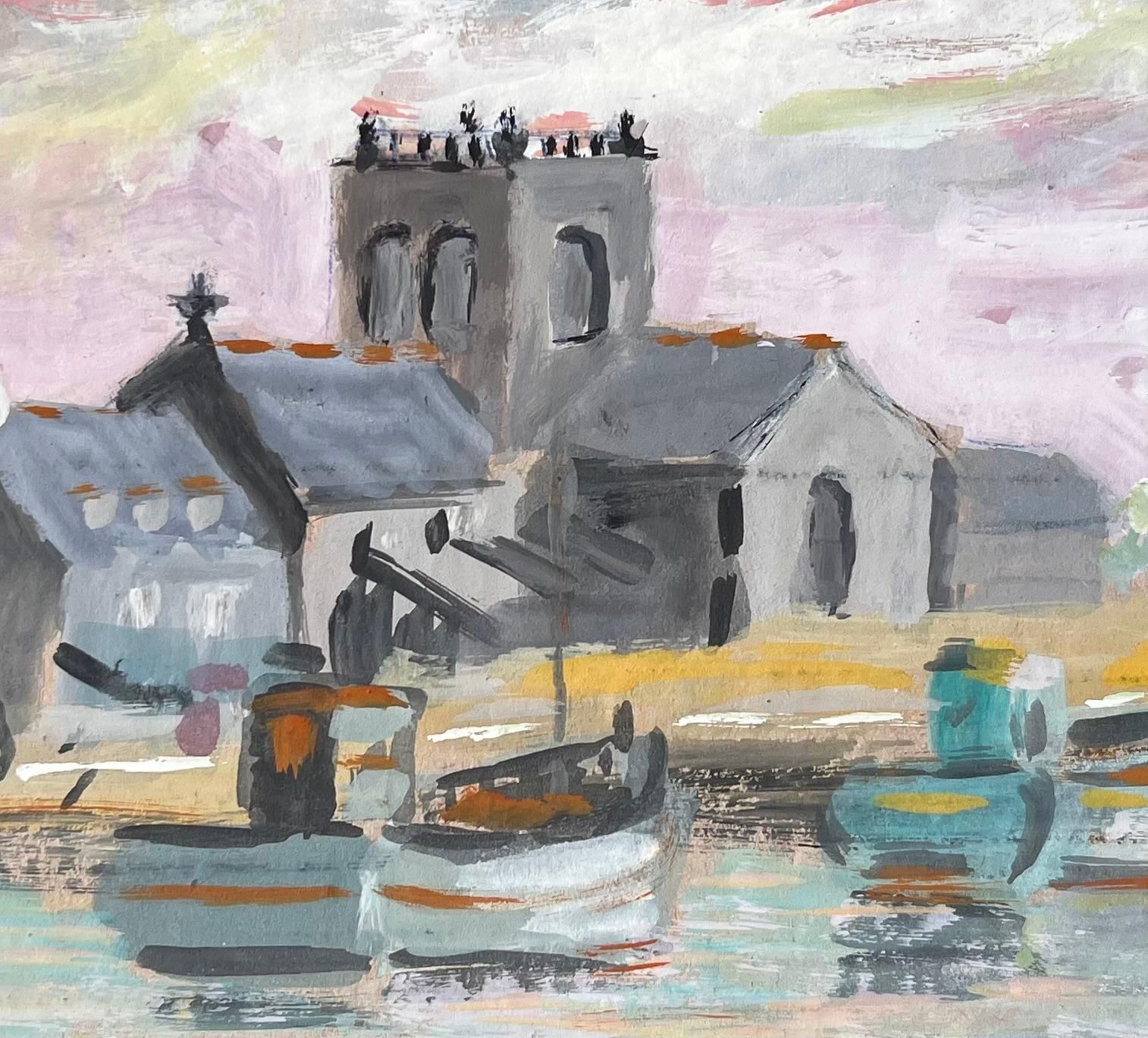 Fanch Lelfrench Harbour Scene With Church Boats And Village Skyline In Gouache photo buy