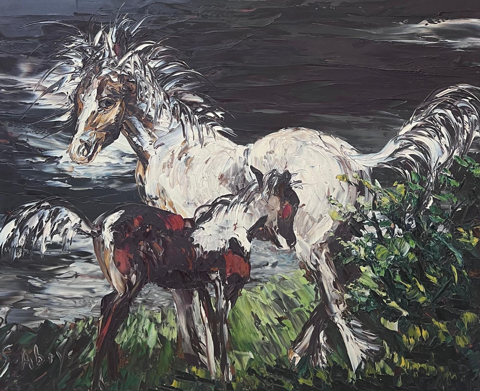 Léon Schwartz Abrysfrench Expressionist Signed Oil Horse & Her Foal In Landscape, 20th Century