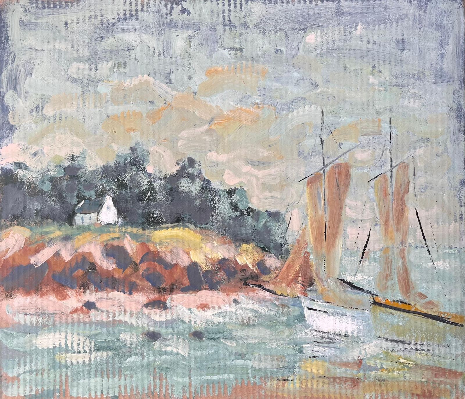 Fanch Lelfrench Impressionist Coastal Scene With Sailboat And Cliffside Cottage