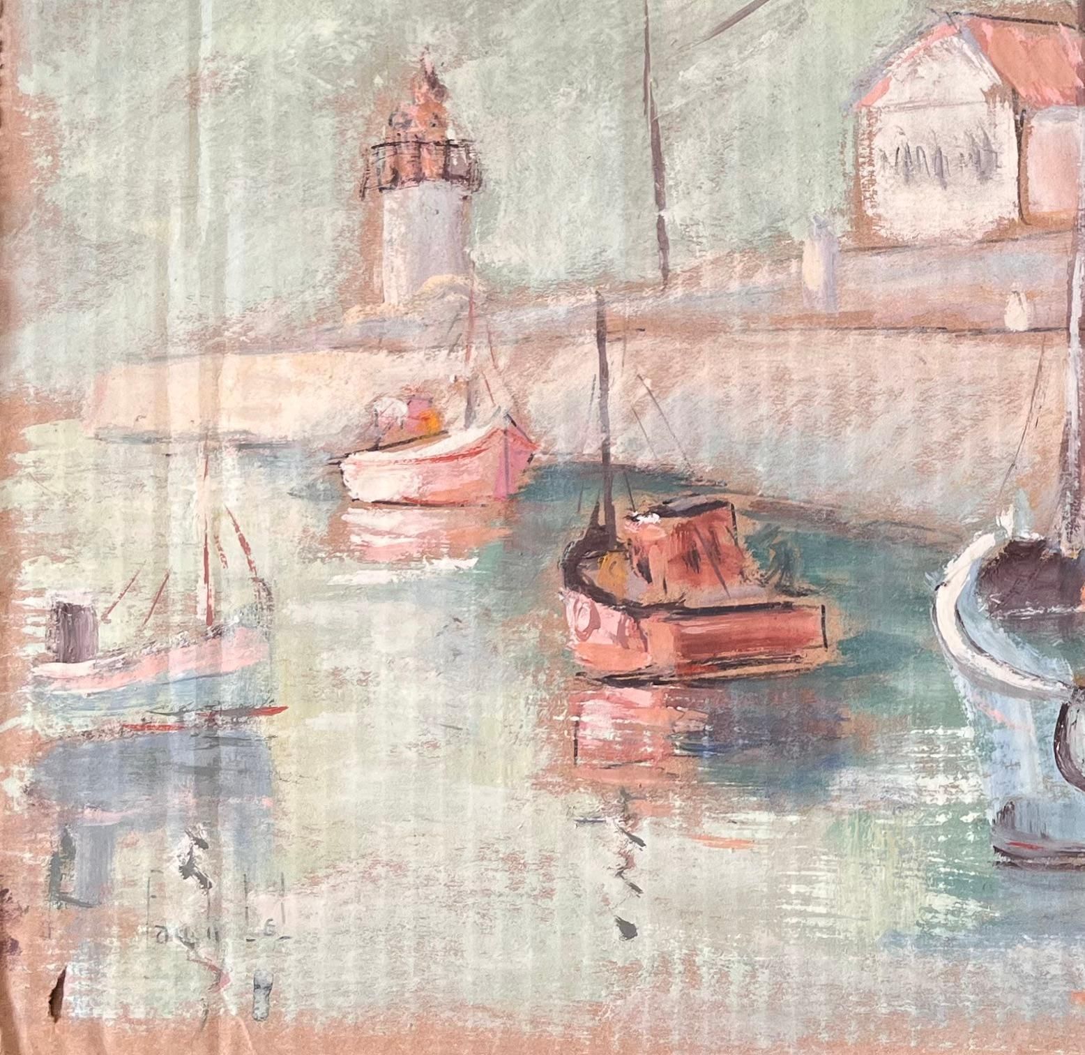 Fanch Lelfrench Impressionist Harbour Scene In Fécamp Normandy With Lighthouse And Boats photo for sale