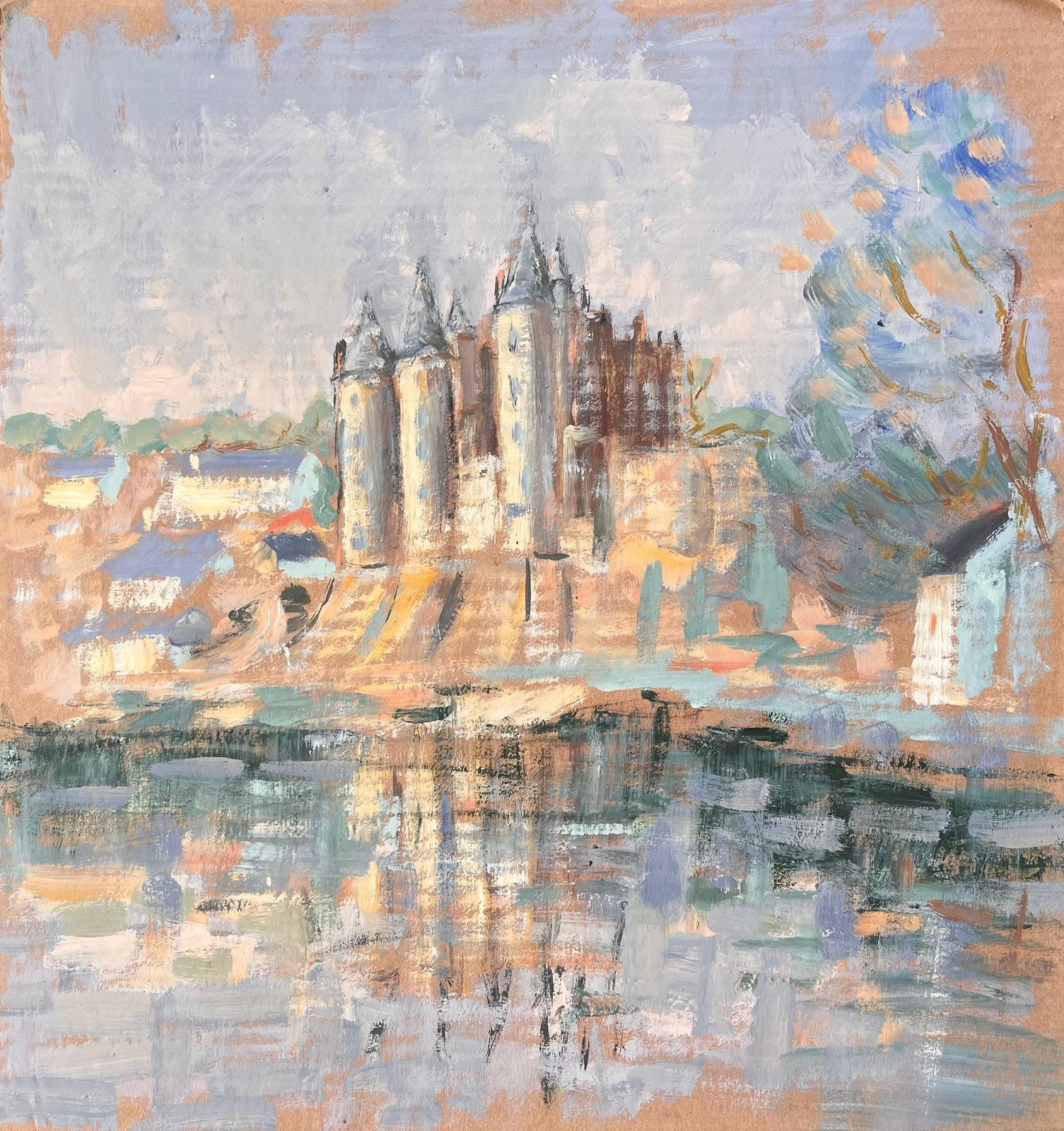 Fanch Lelfrench Impressionist Castle On Riverbank With Reflections And Village