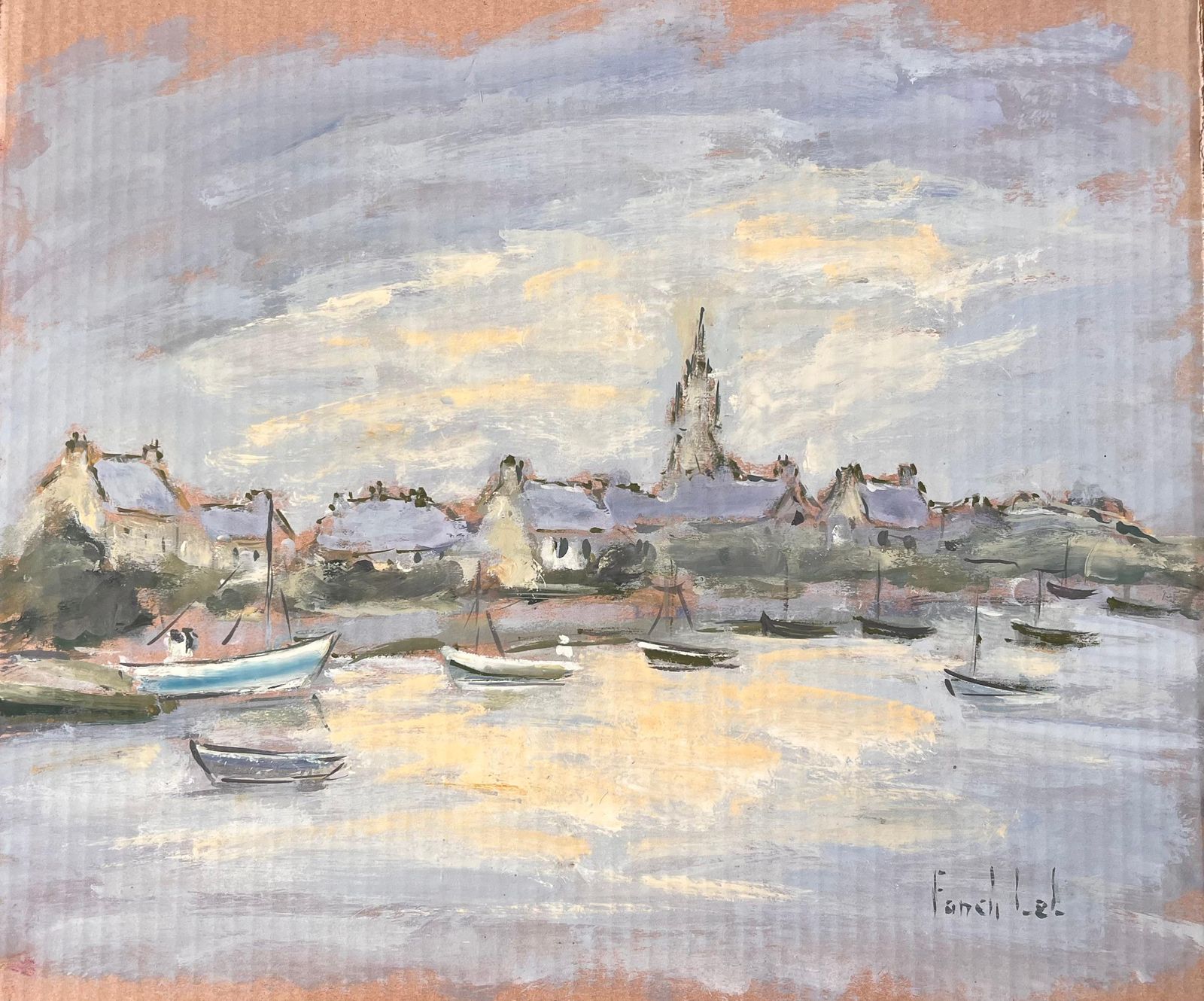 Fanch Lelfrench Impressionist Village Harbour With Boats At Dusk By Fanch Lel