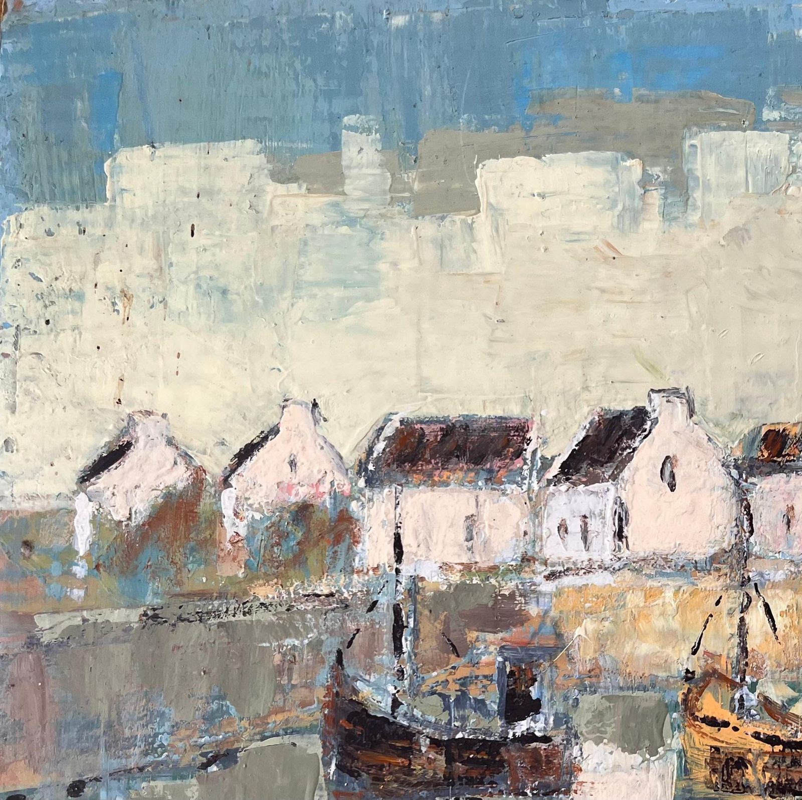 Fanch Lelfrench Impressionist Harbour Scene With Fishing Boats And Whitewashed Houses photo for sale