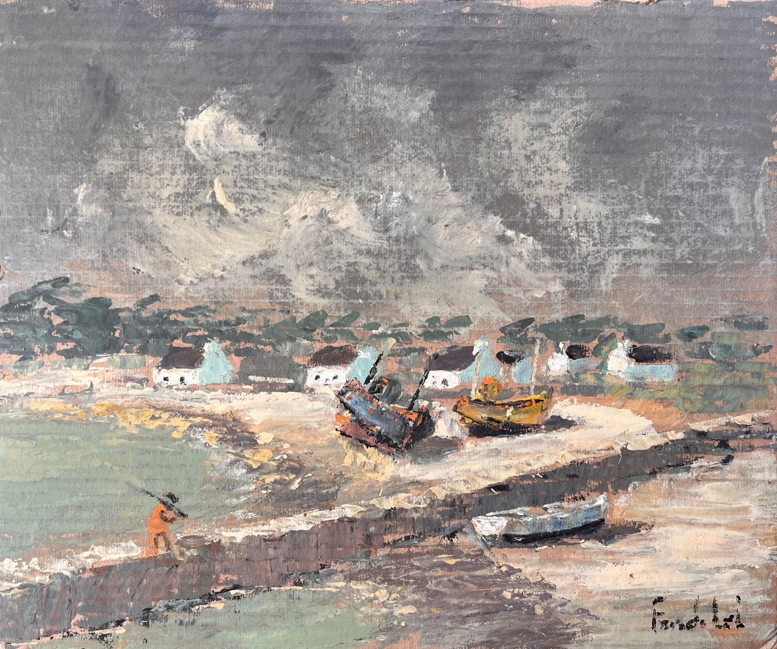 Fanch Lelfrench Impressionist Coastal Village Scene With Boats And Stormy Sky