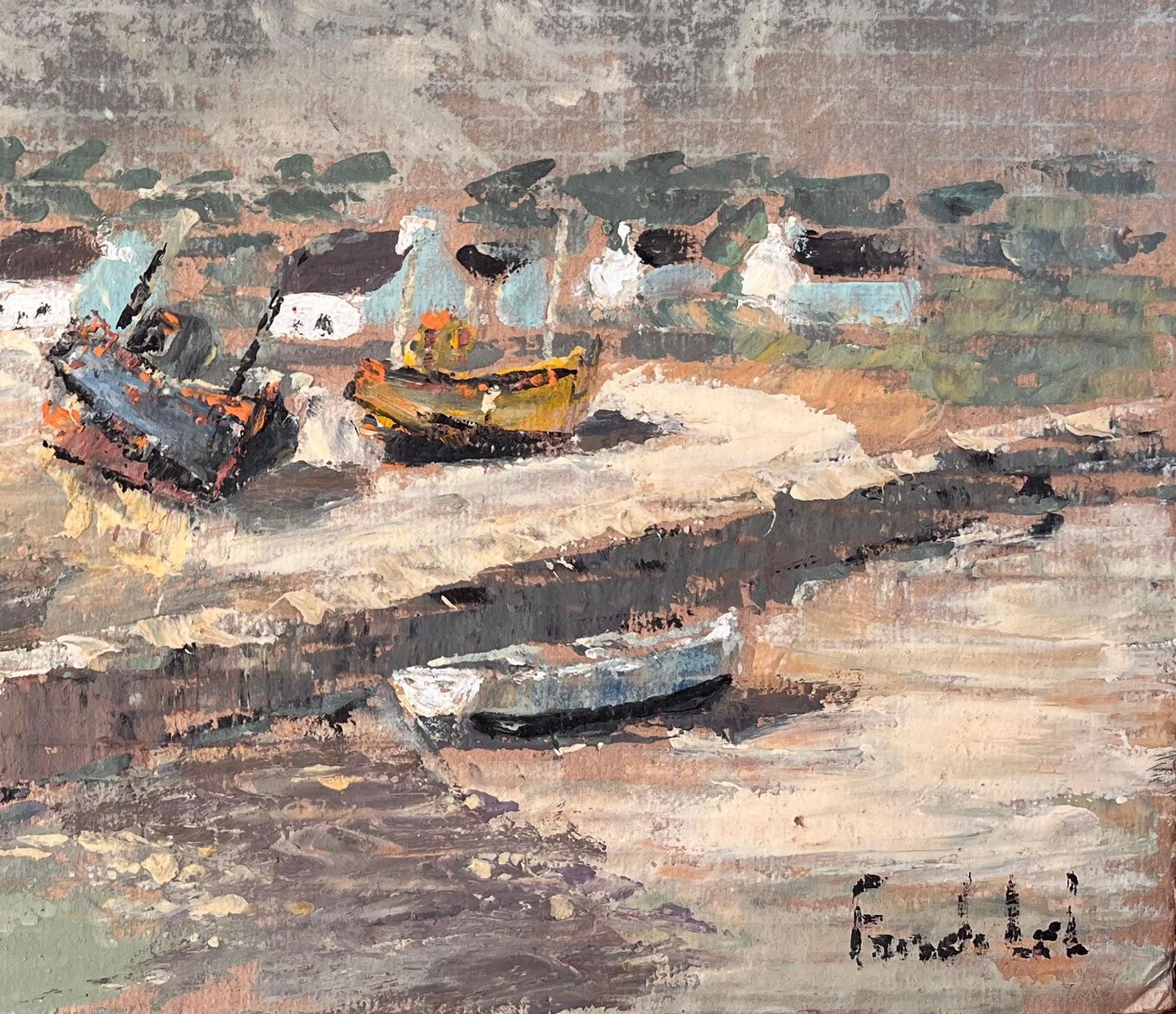 Fanch Lelfrench Impressionist Coastal Village Scene With Boats And Stormy Sky photo for sale