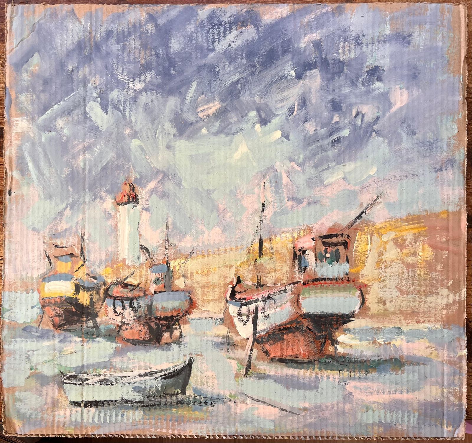 Fanch Lelfrench Impressionist Harbour Scene With Boats And Lighthouse In Erquy photo furniture