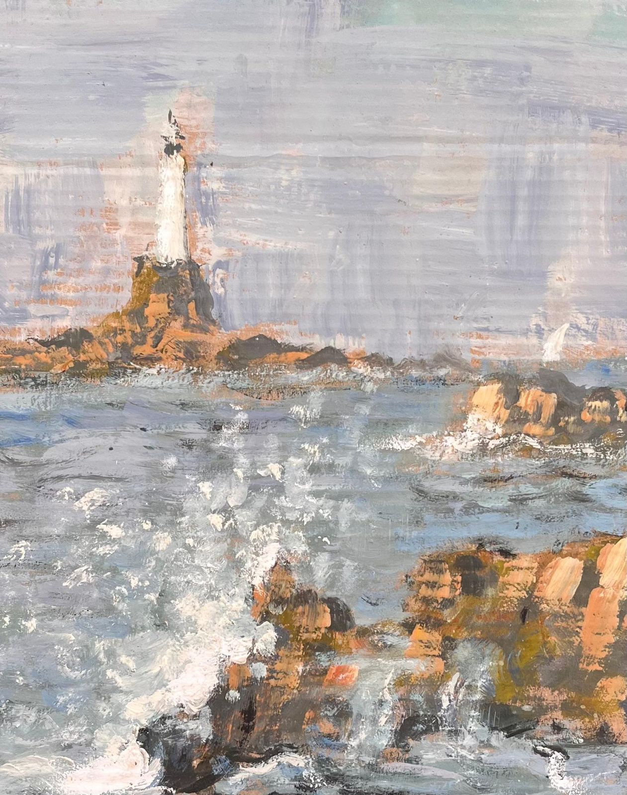 Fanch Lelimpressionist Seascape With Crashing Waves And Distant Lighthouse On Rocky Coast photo buy