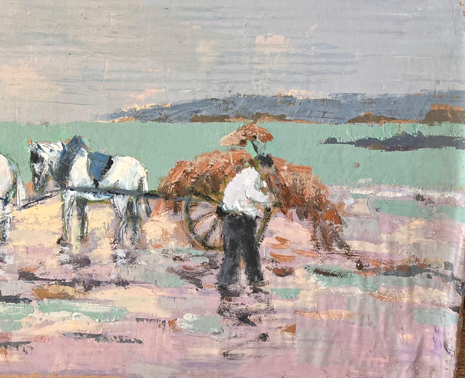 Fanch Lelimpressionist Coastal Scene With Horse Cart Seaweed Gatherers And Pastel Sky photo for sale