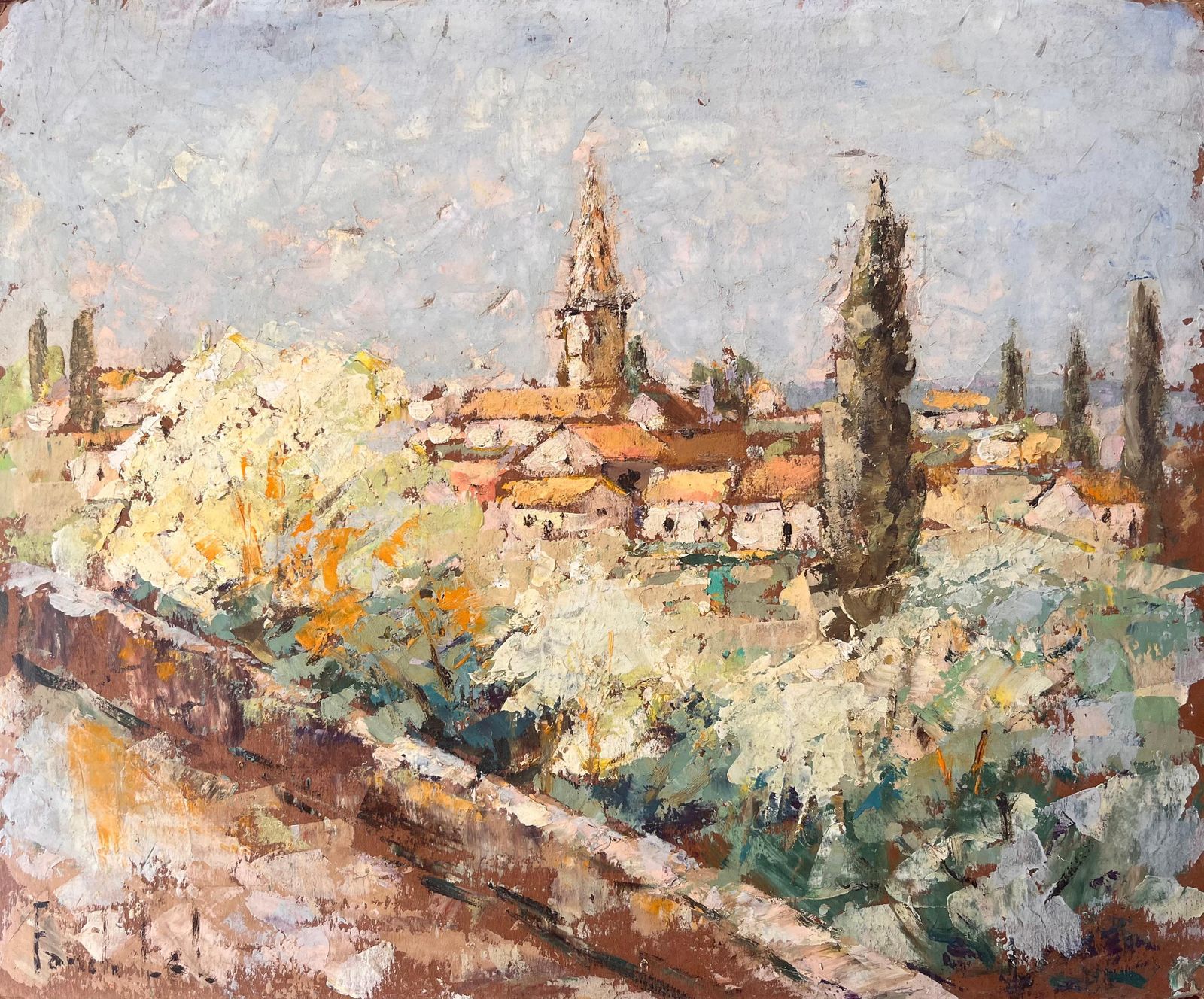 Fanch Lelimpressionist View Of Moissac France With Church Tower And Blossoming Trees